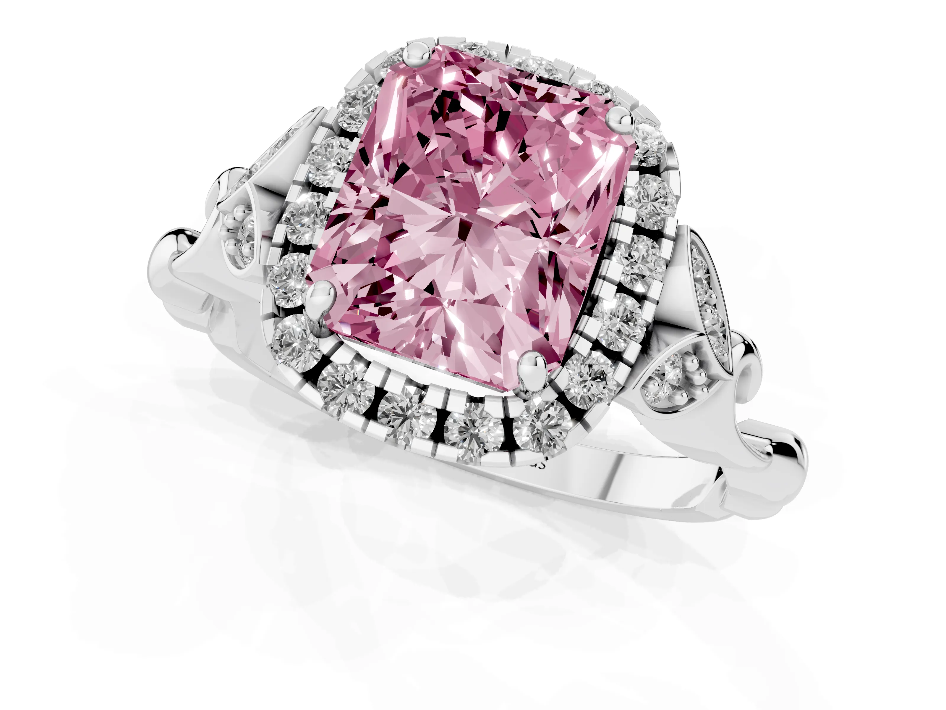 Fancy Pink Radiant Cut Diamond Halo Engagement Ring Set in White gold with Vintage-Inspired Band and Prong Setting