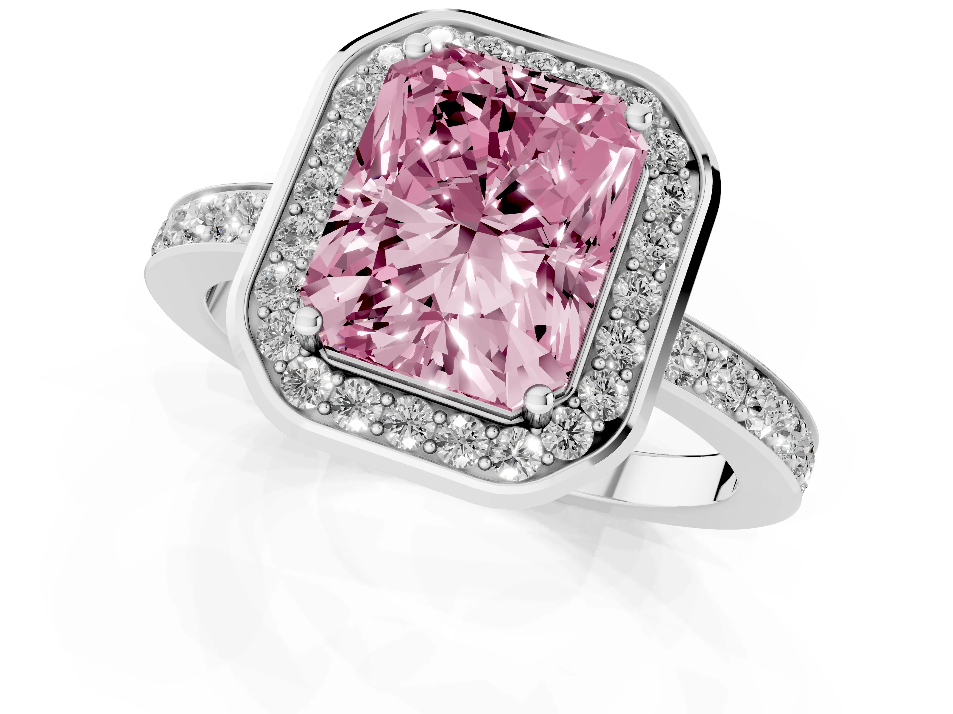 Fancy Pink Radiant Cut Diamond Halo Ring Set in Silver with Bezel Frame and Pavé Band