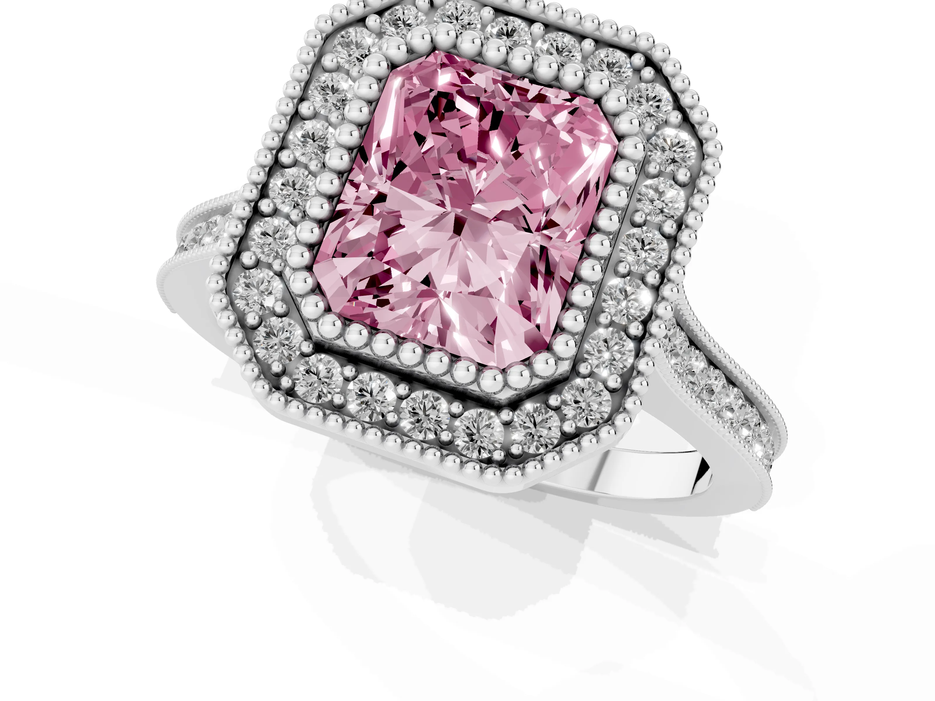 Fancy Pink Radiant Cut Diamond Halo Ring Set in White gold with Milgrain Frame and Pavé Band