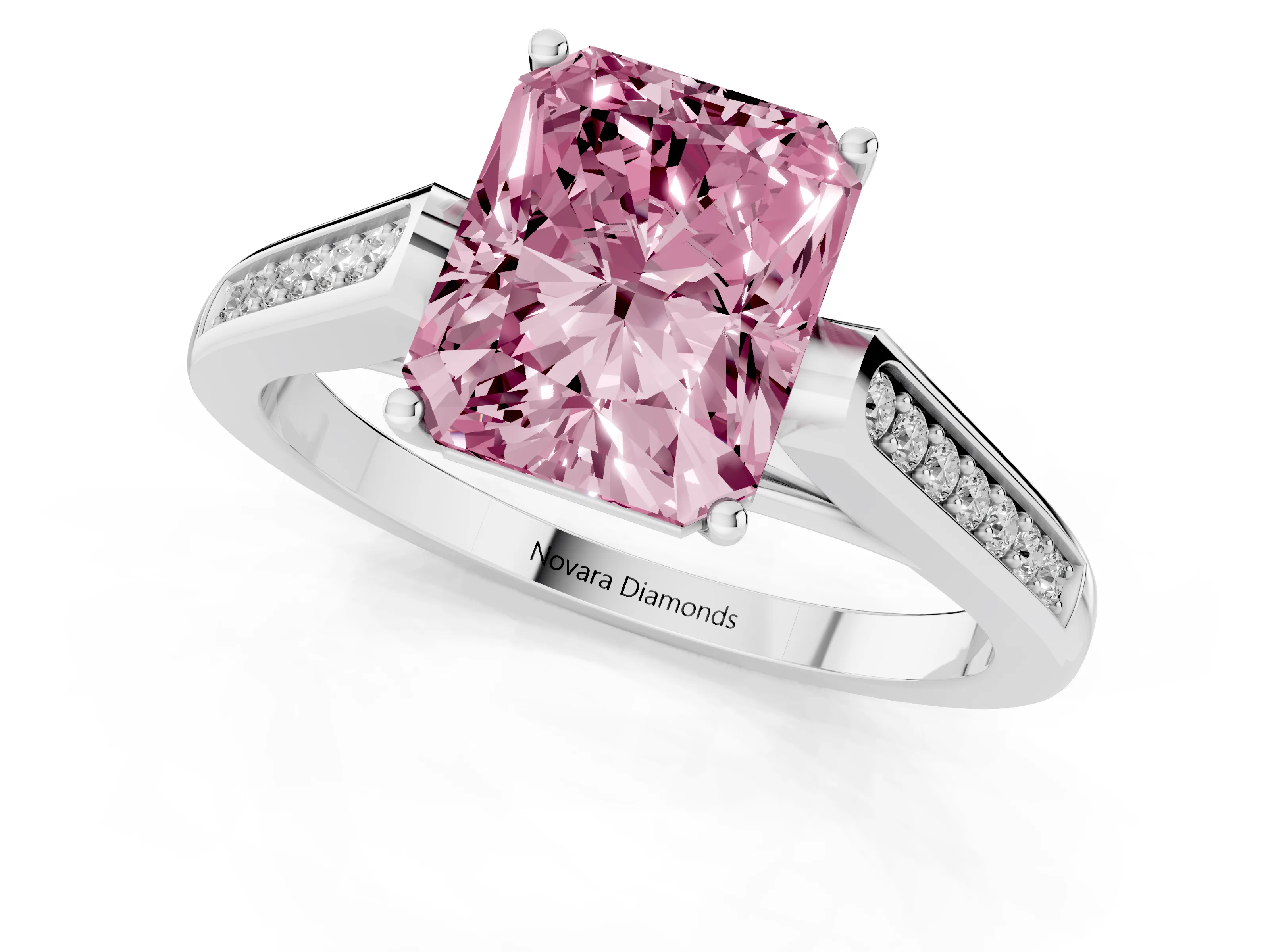 Fancy Pink Radiant Cut Diamond Solitaire Cathedral Engagement Ring Set in Platinum with Channel-Set Band and Prong Setting