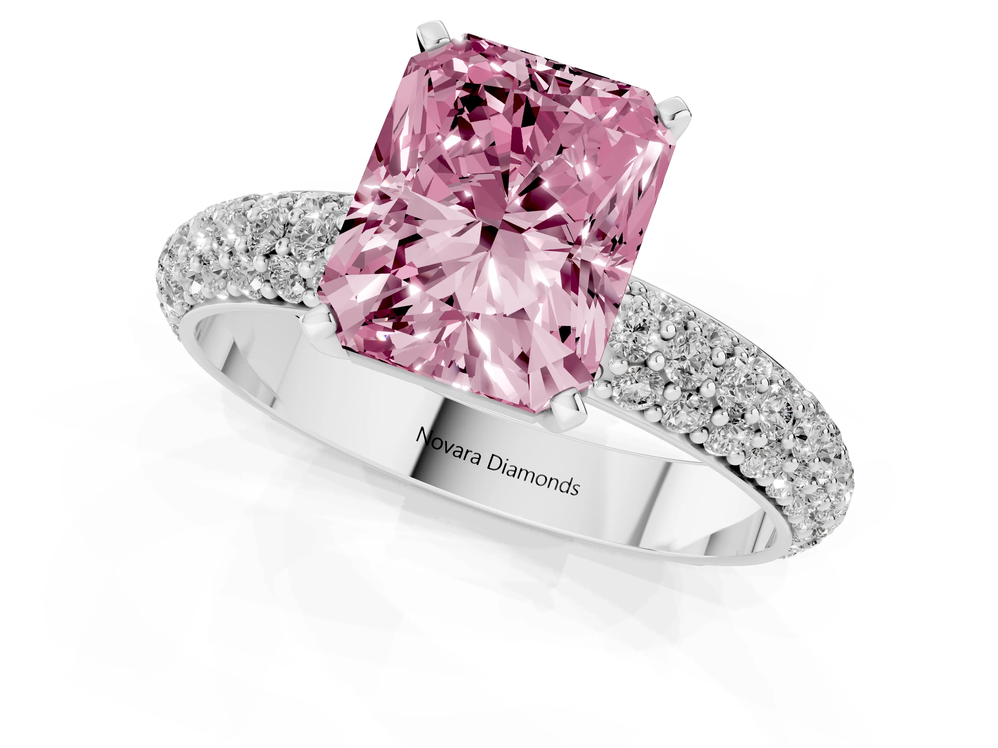 Fancy Pink Radiant Cut Diamond Solitaire Ring Set in Silver with Prong Setting and Pavé-Set Band