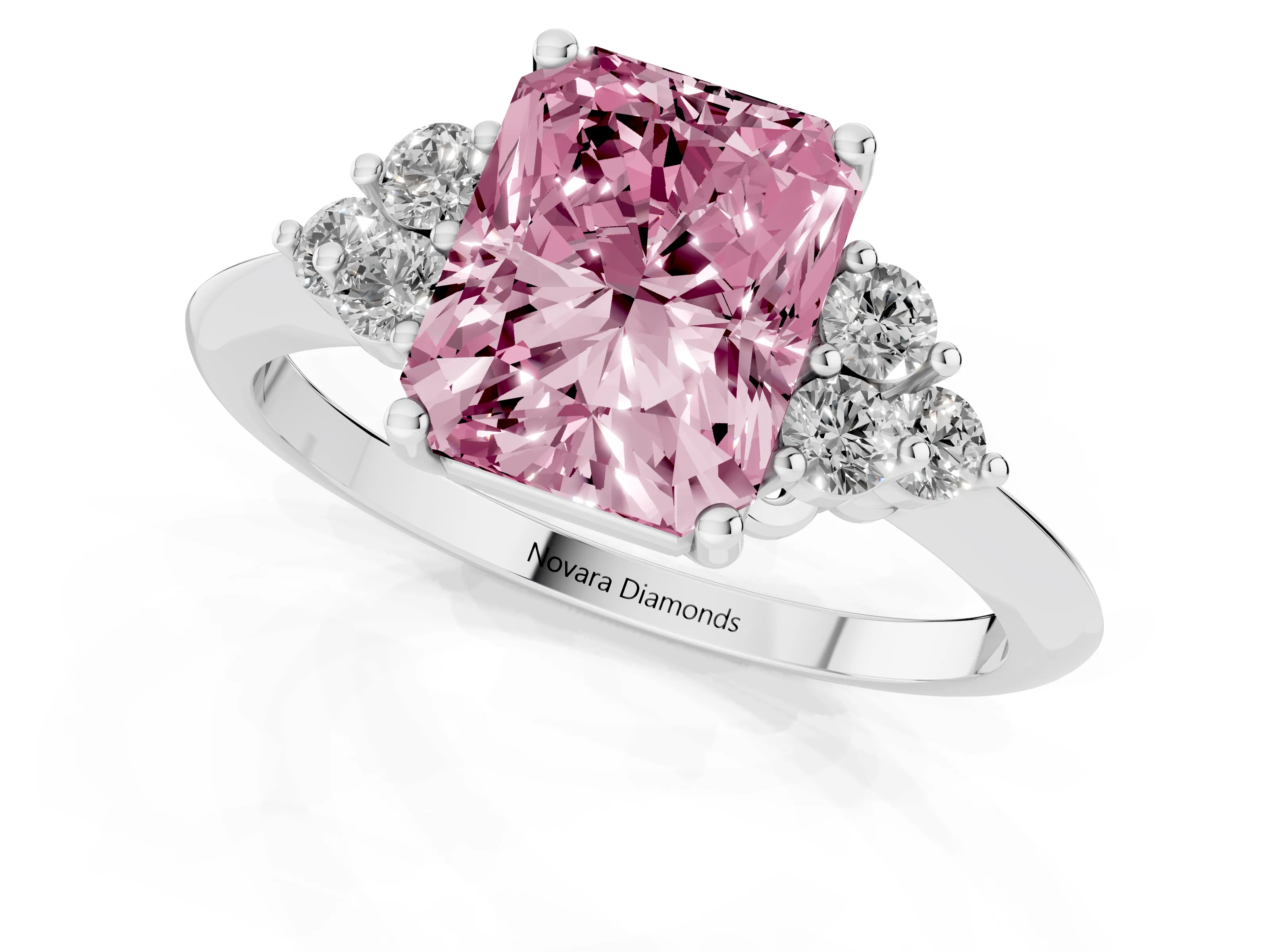 Fancy Pink Radiant Cut Diamond Cluster Ring Set in Silver with Plain Band and Prong Setting