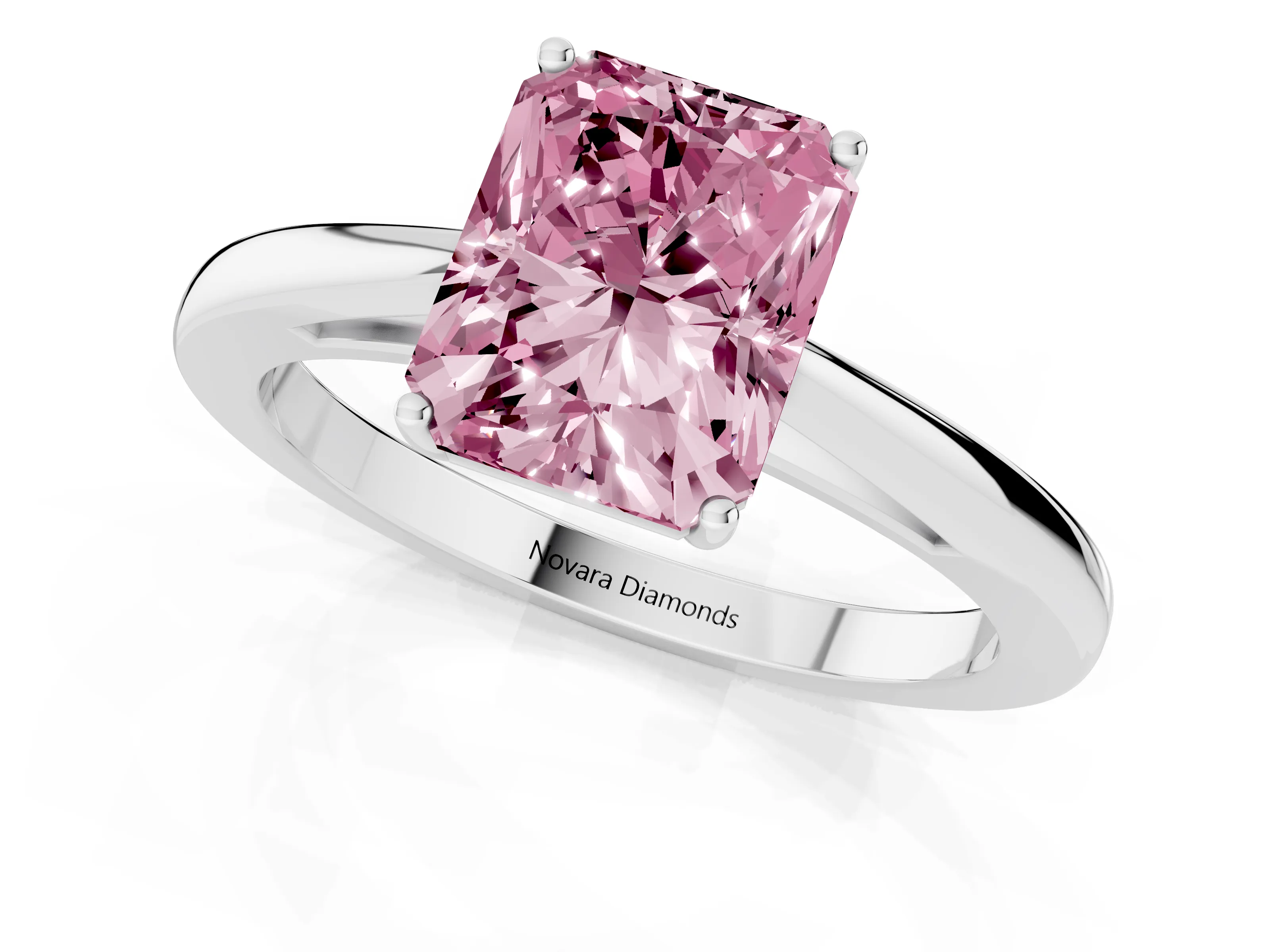 Fancy Pink Radiant Cut Diamond Solitaire Ring Set in Silver with Split Shank and Prong Setting