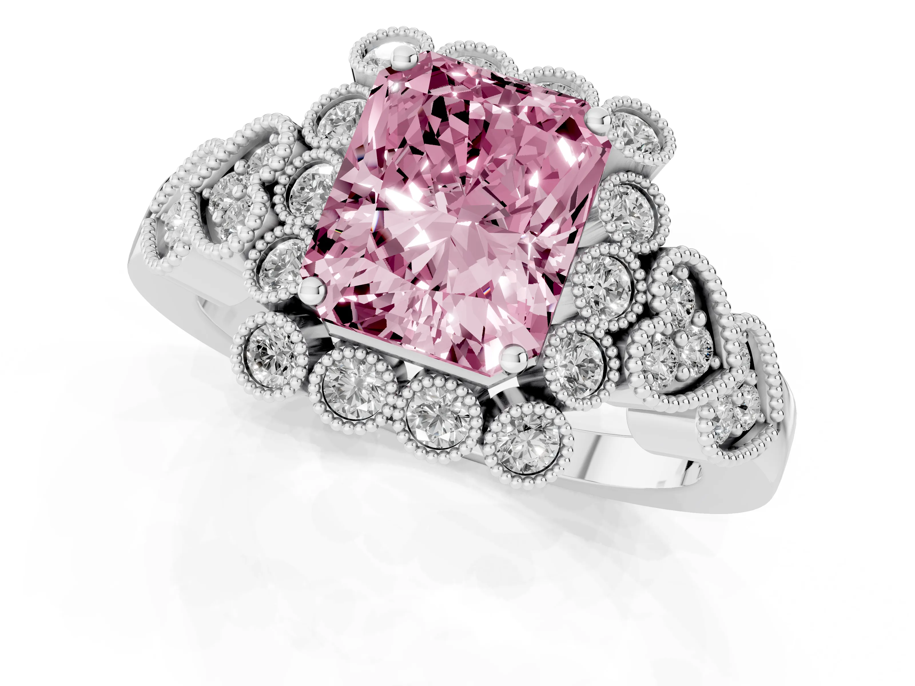 Fancy Pink Radiant Cut Diamond Solitaire Ring Set in Silver with Milgrain Pavé Heart Band
