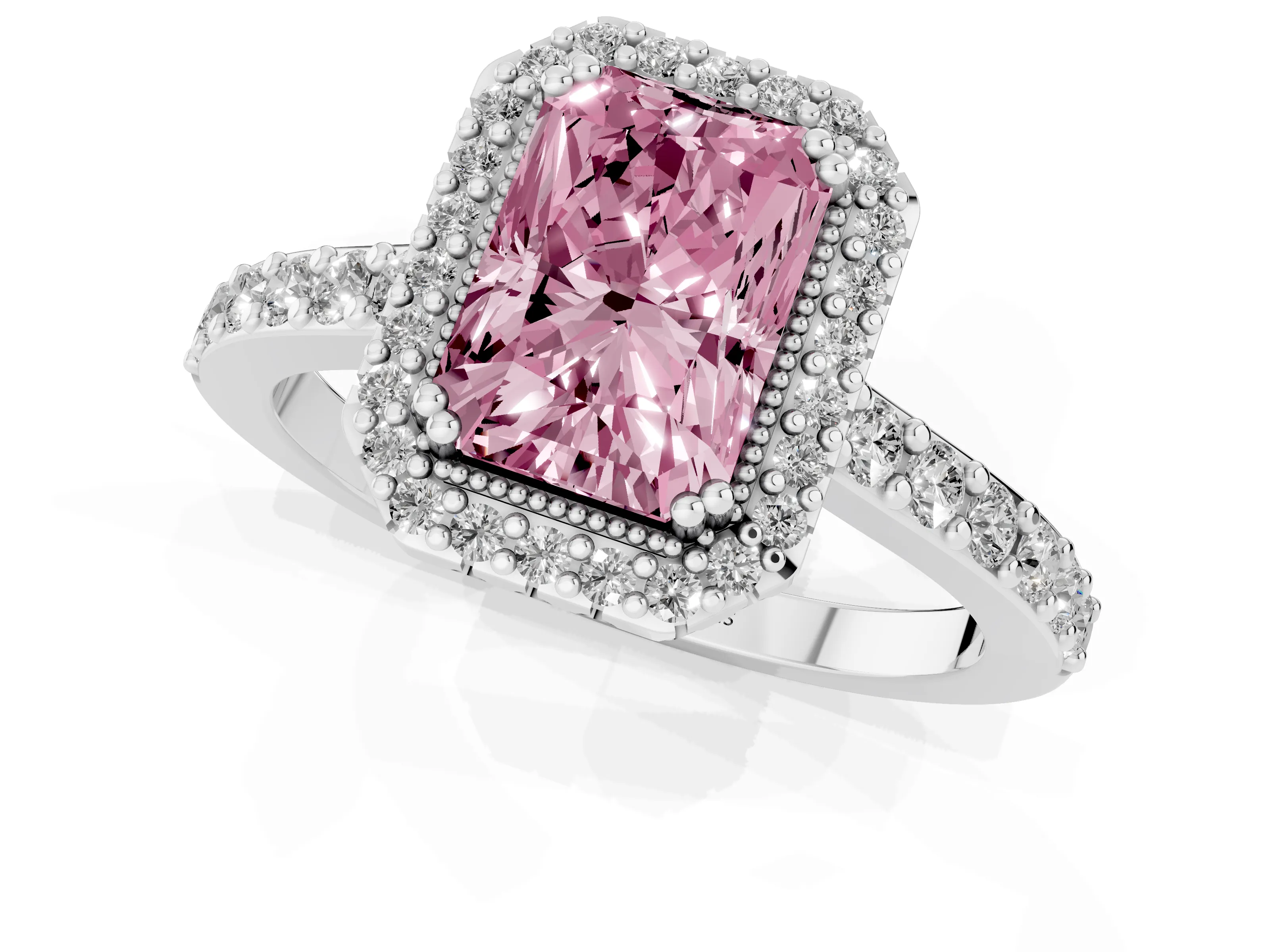 Fancy Pink Radiant Cut Diamond Halo Engagement Ring Set in White gold with Milgrain Detail and Pavé Band