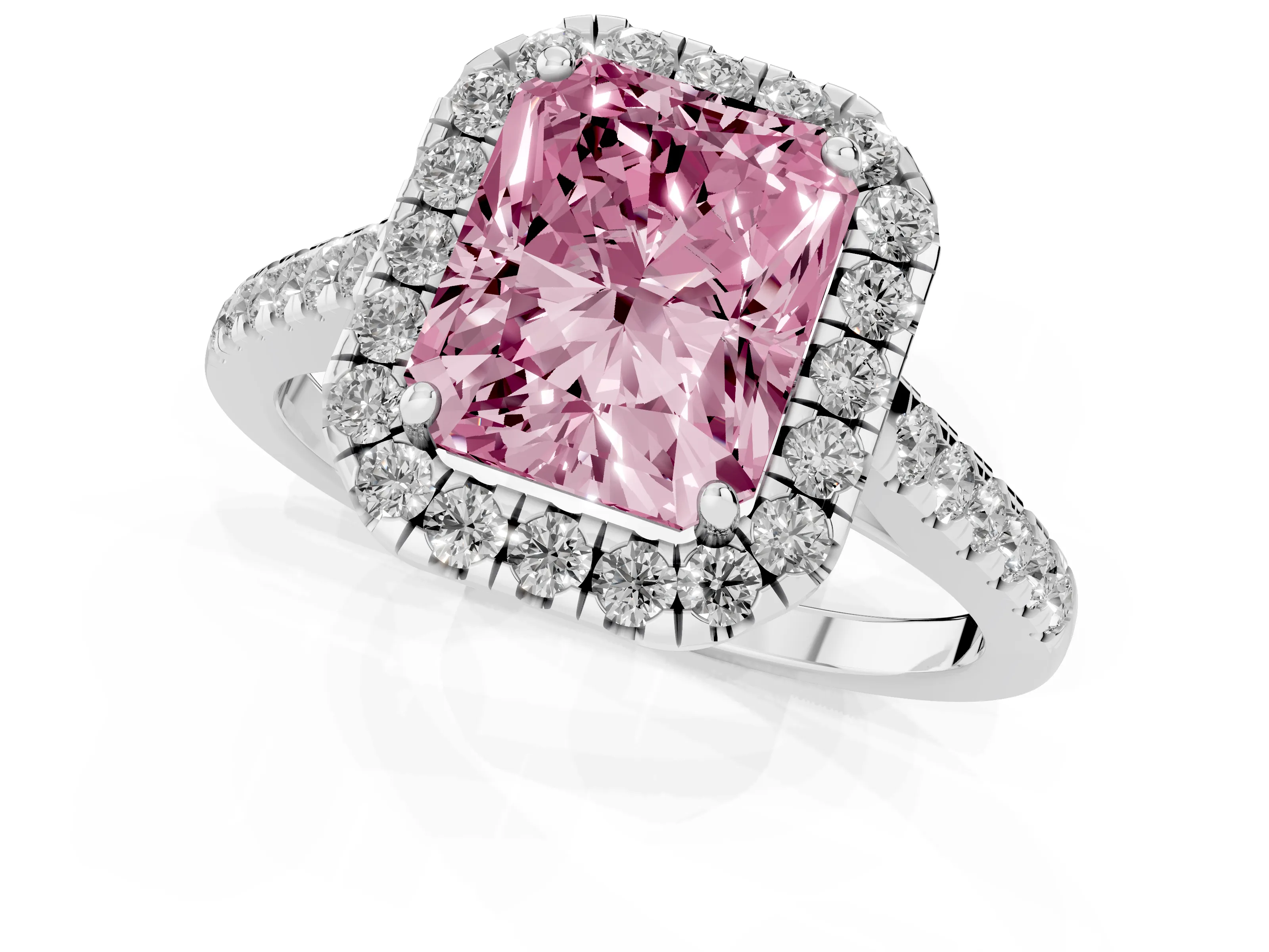Fancy Pink Radiant Cut Diamond Halo Pavé Engagement Ring Set in Silver with Prong Setting