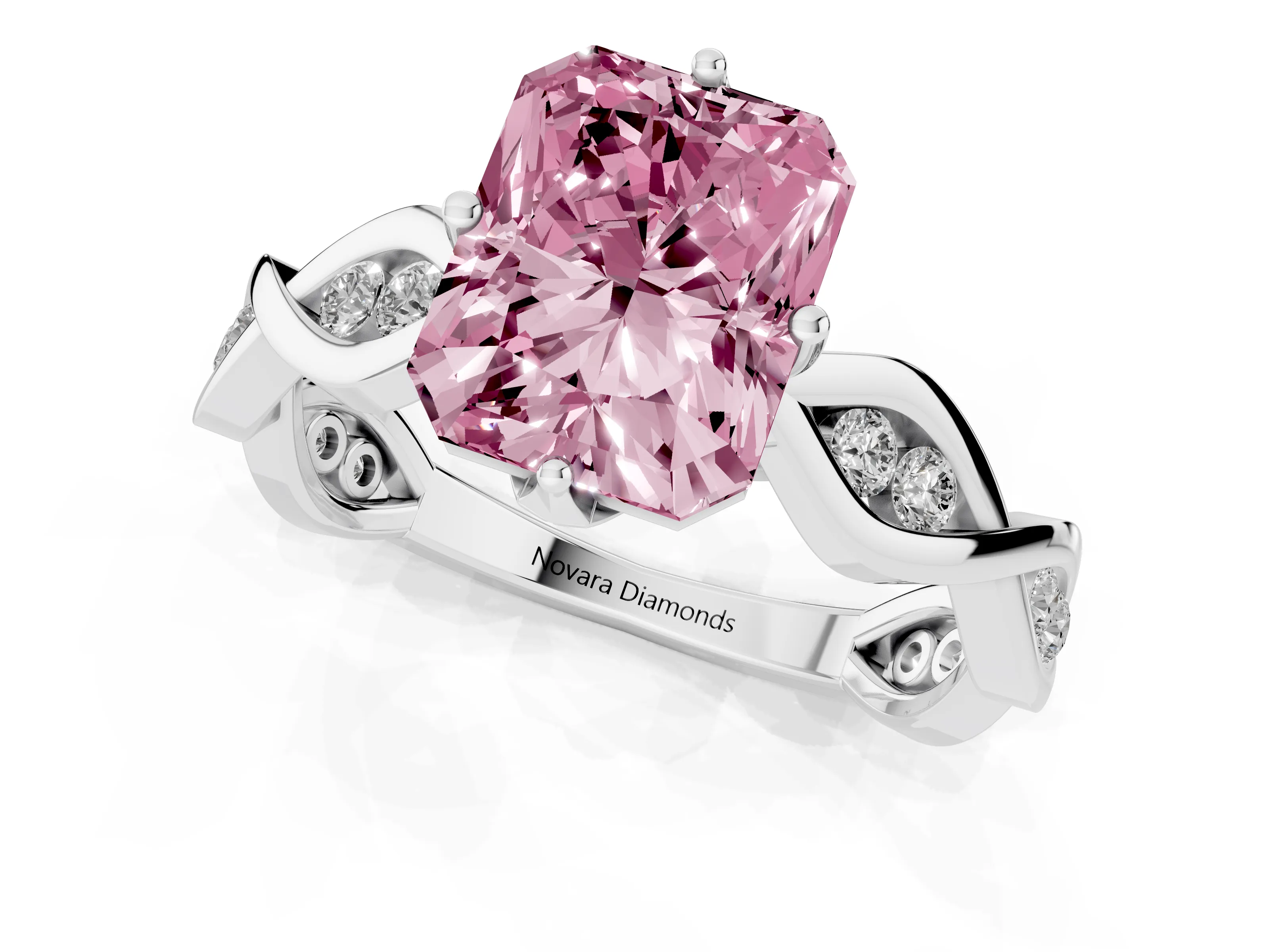 Fancy Pink Radiant Cut Diamond Twist Band Solitaire Ring Set in Platinum with Leaf Prong Setting and Accent Stones