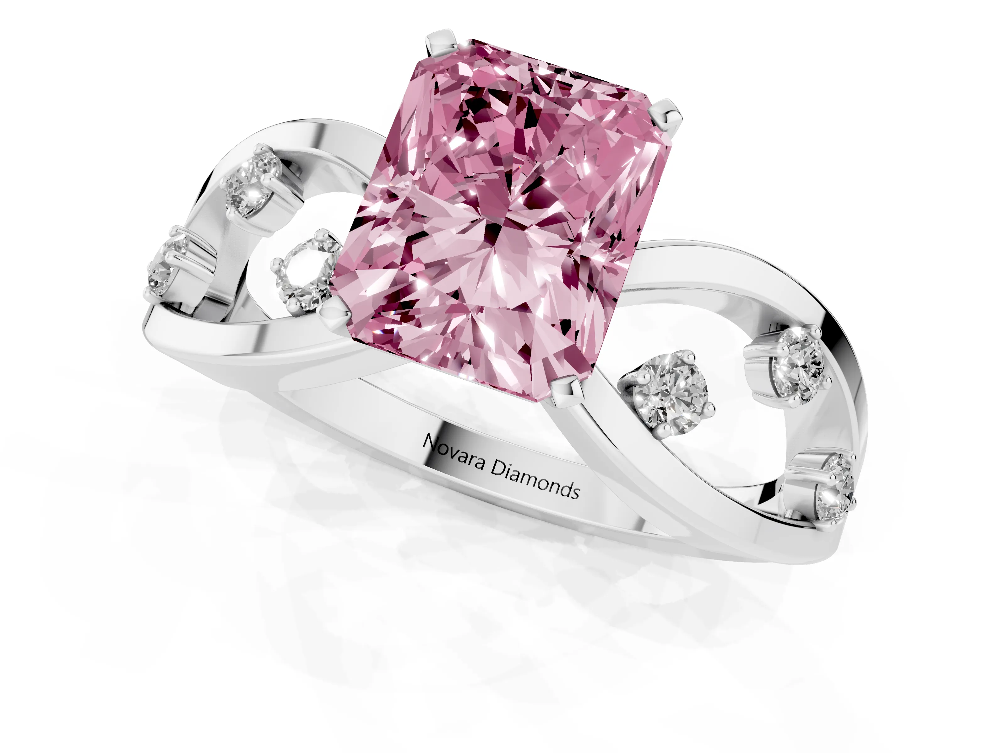 Fancy Pink Radiant Cut Diamond Solitaire Ring Set in Platinum with Side Stones on Criss-Cross Band and Prong Setting