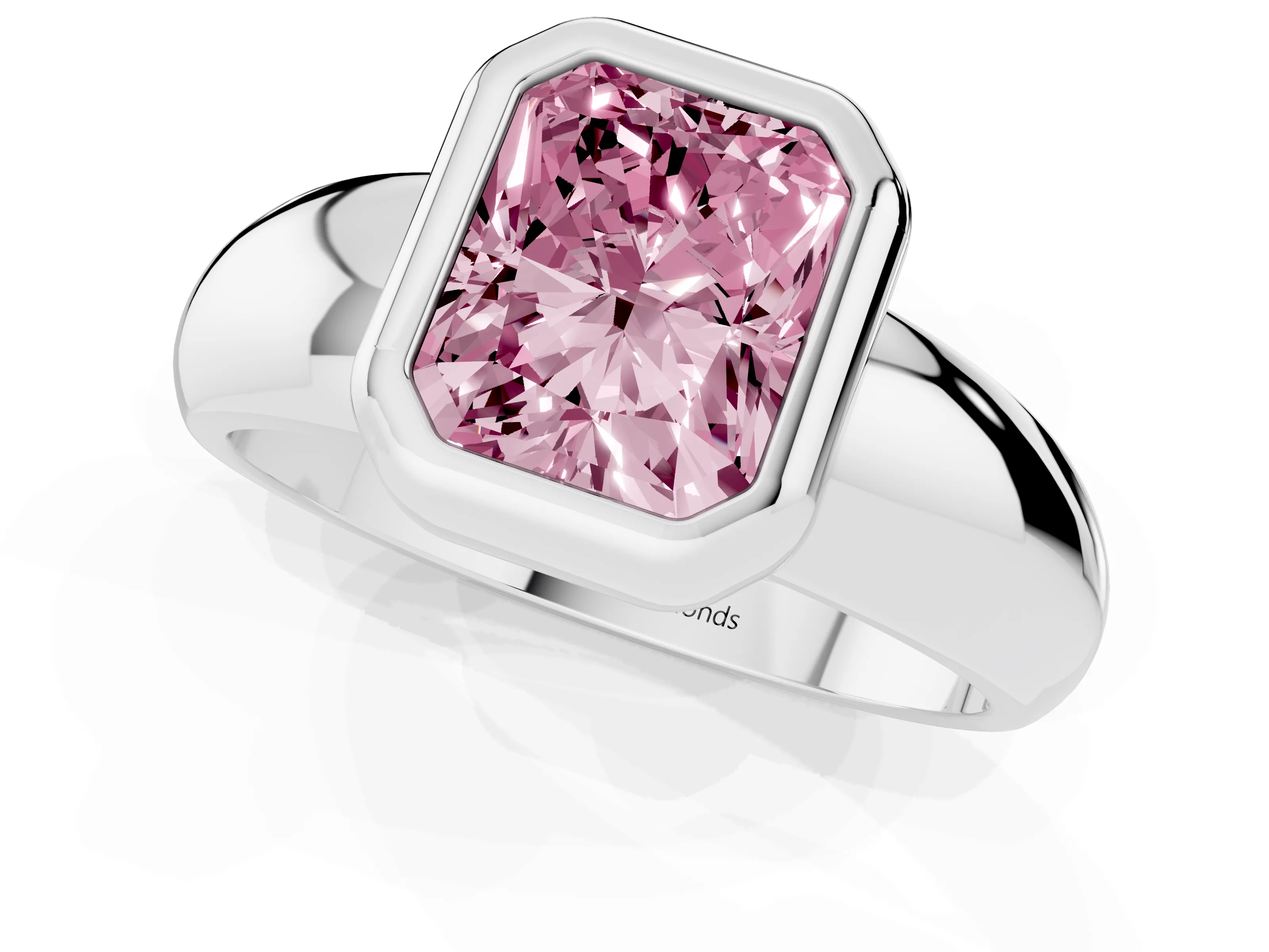 Fancy Pink Bezel Set Radiant Cut Diamond Solitaire Ring Set in Silver with Wide Band