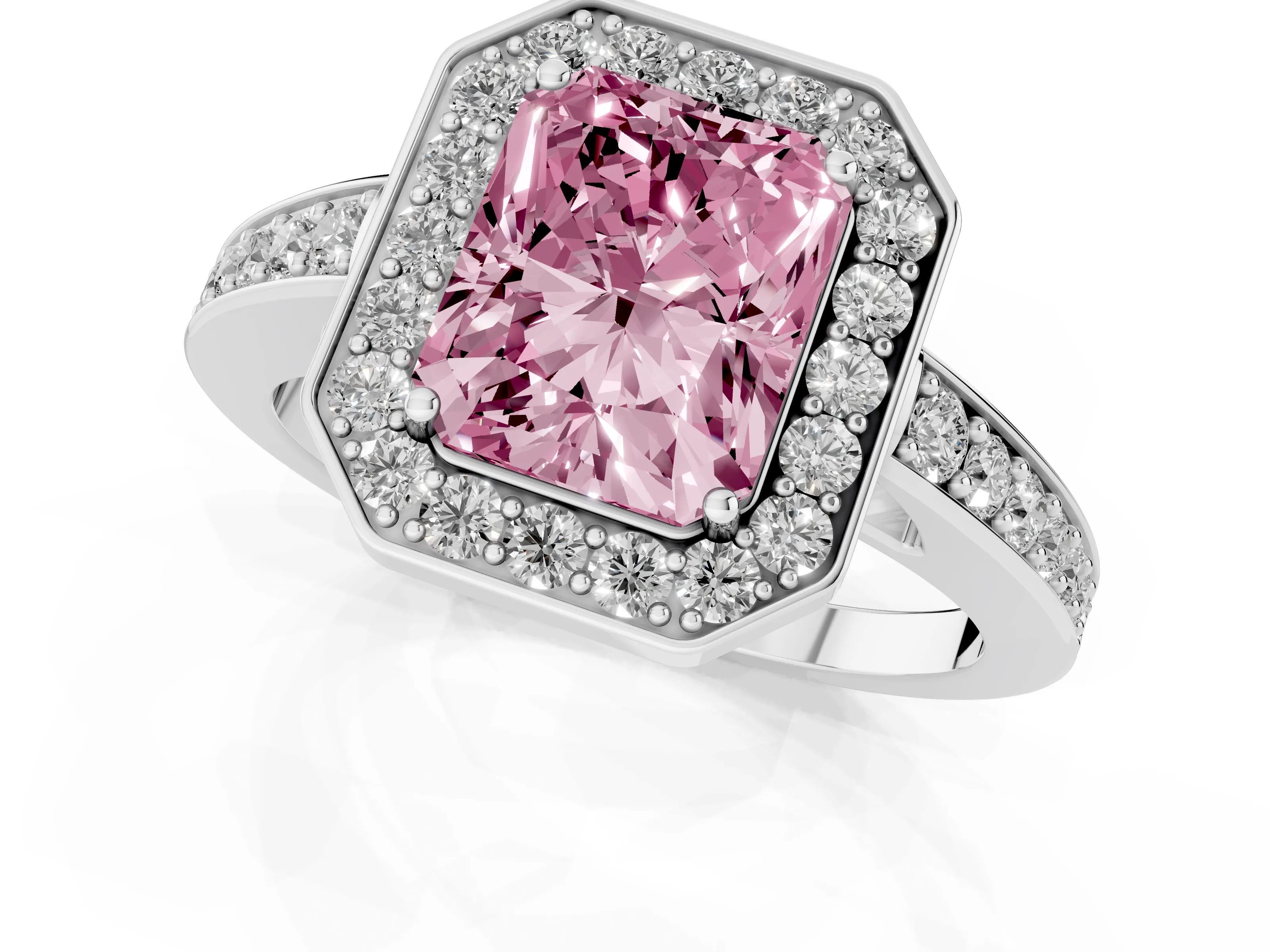Fancy Pink Radiant Cut Diamond Halo Pavé Engagement Ring Set in Platinum with Bezel Setting