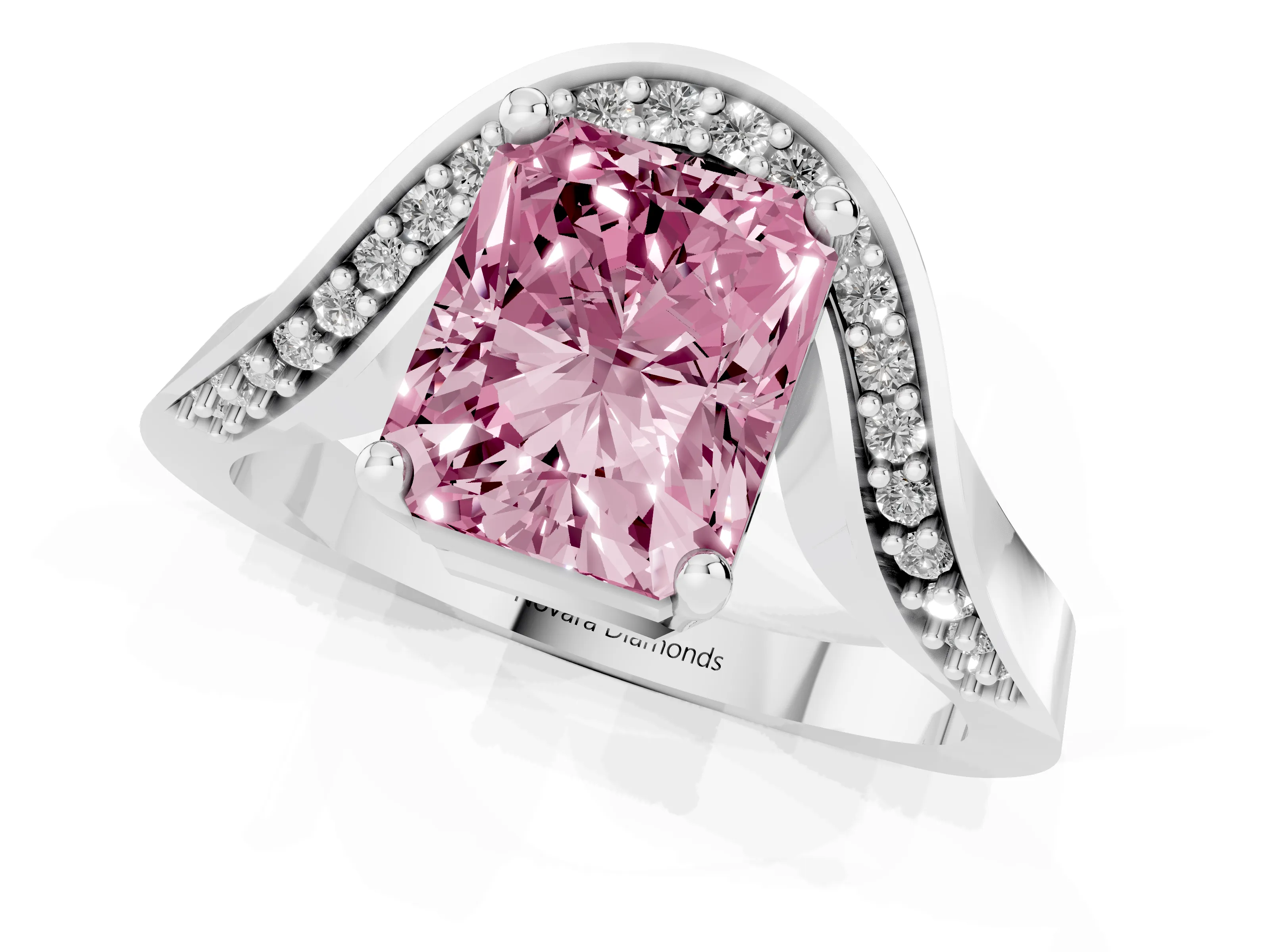 Fancy Pink Radiant Cut Diamond Solitaire Engagement Ring Set in Silver with Pavé Shoulders