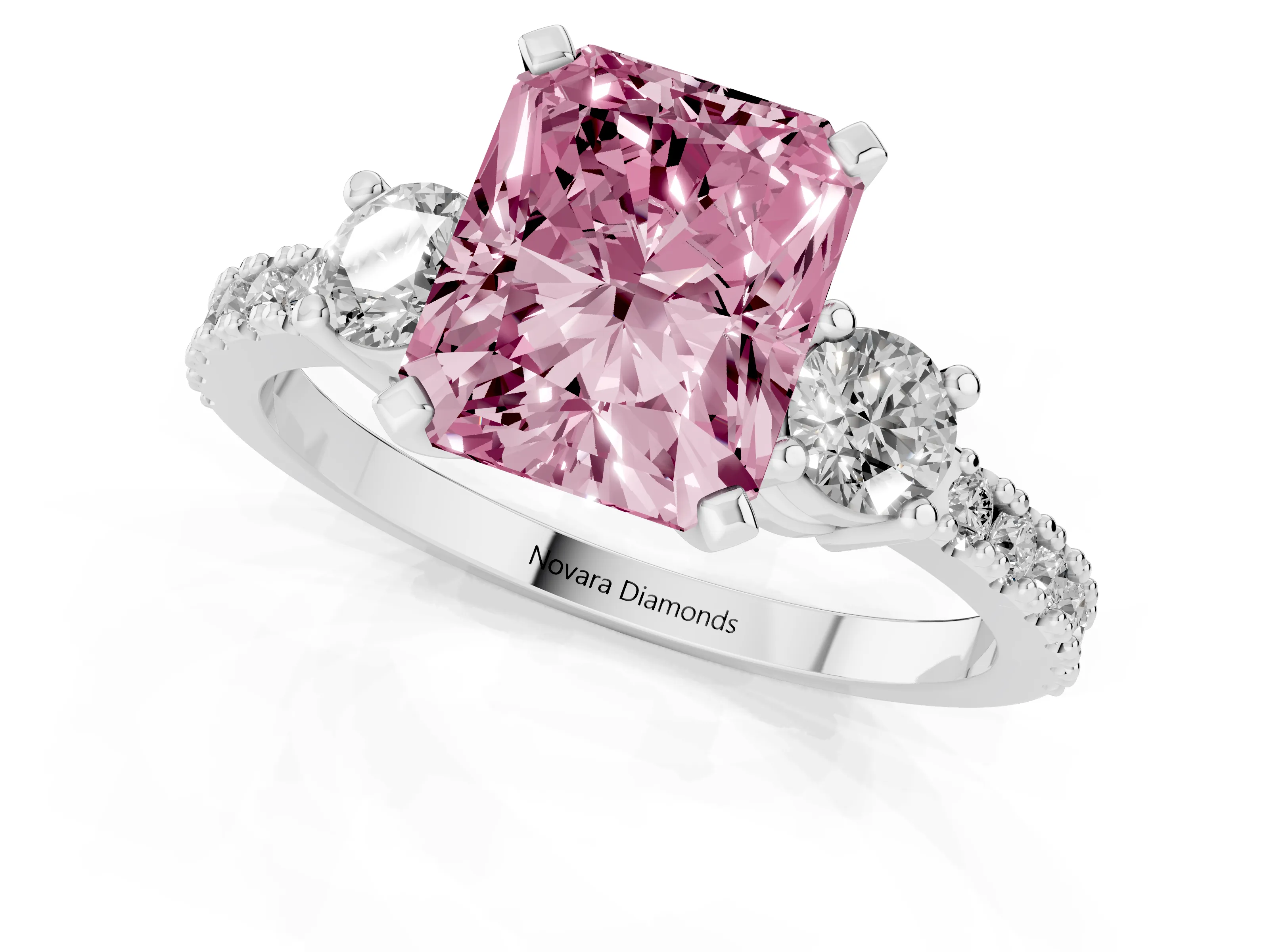 Fancy Pink Three-Stone Radiant Cut Diamond Pavé Band Ring Set in White gold with Prong Setting