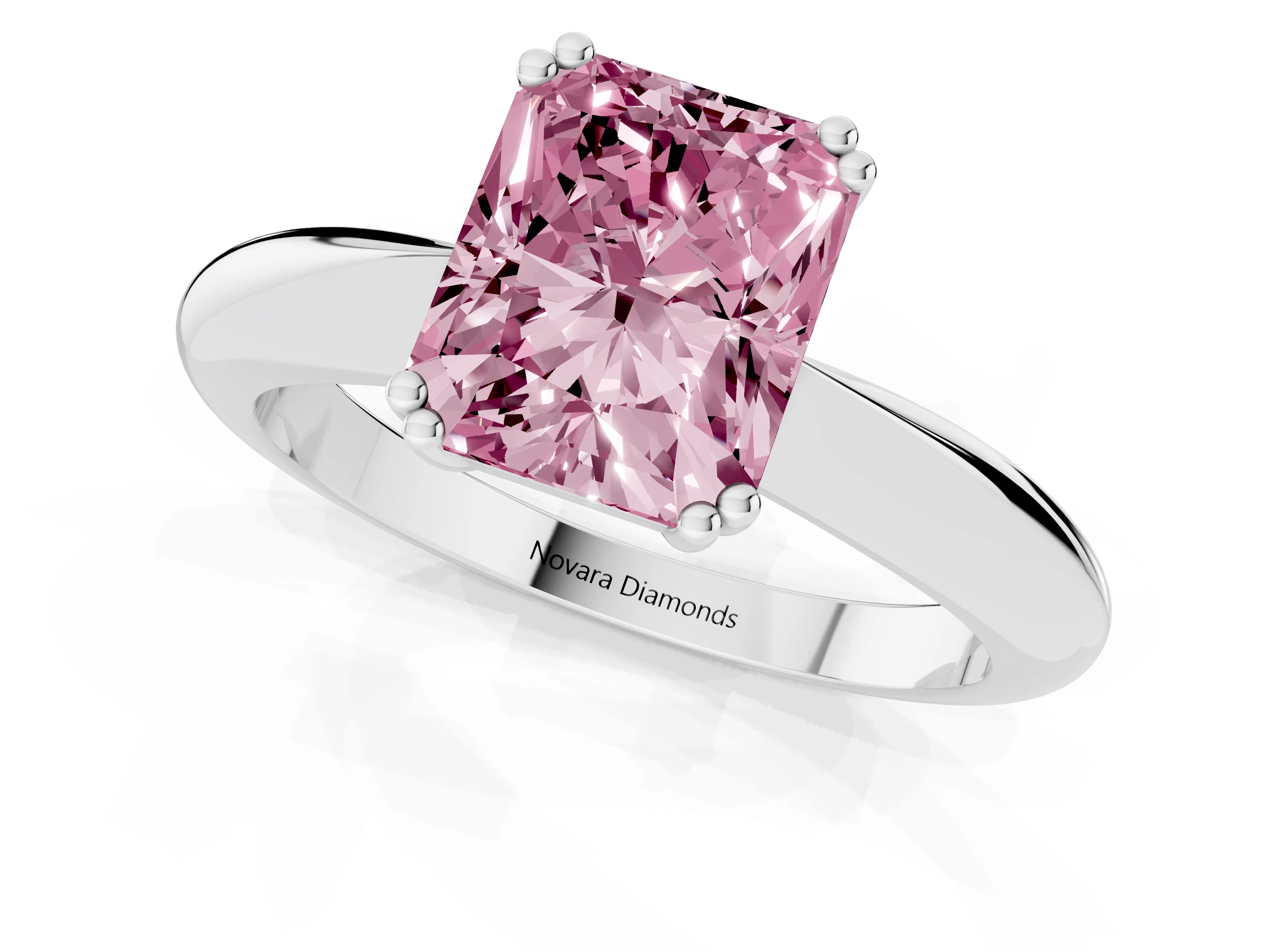 Fancy Pink Radiant Cut Diamond Solitaire Engagement Ring Set in White gold with Tapered Band and Prong Setting
