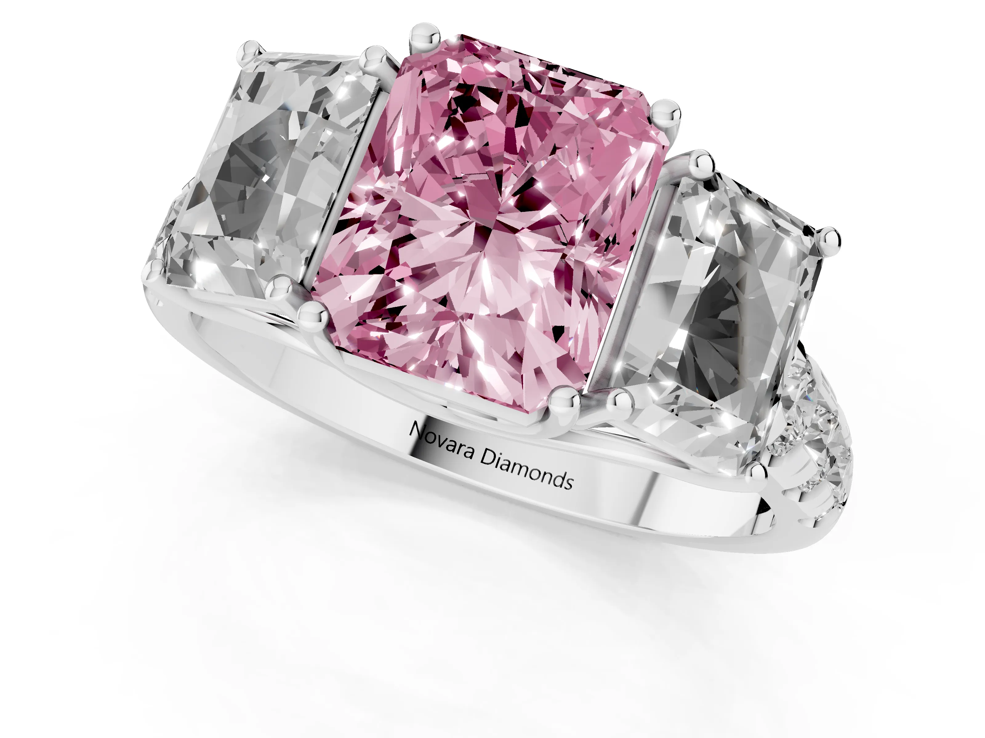 Fancy Pink Radiant Cut Diamond Three-Stone Ring Set in Platinum with Pavé Band