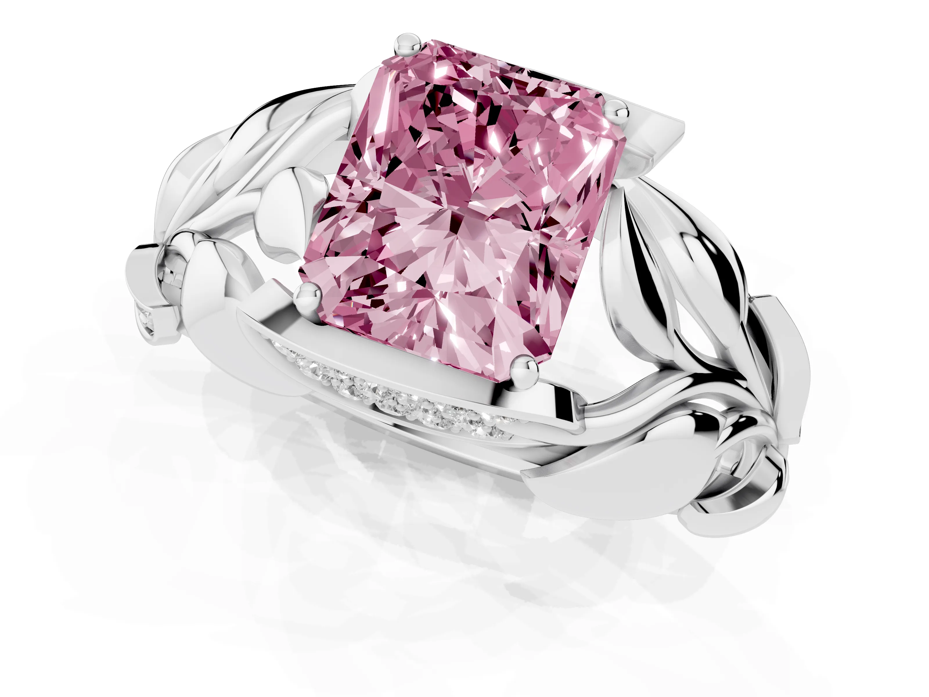 Fancy Pink Radiant Cut Diamond Leaf-Inspired Engagement Ring Set in White gold with Round Accents – second view