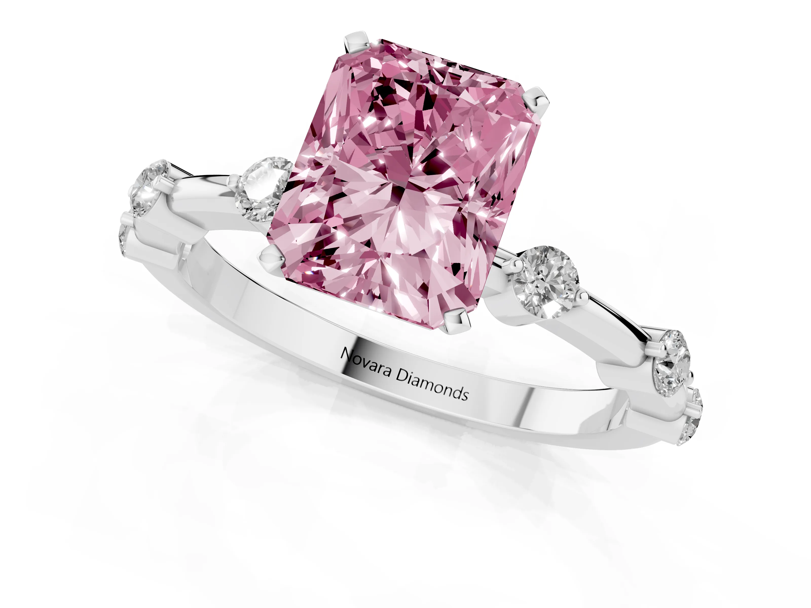 Fancy Pink Radiant Cut Diamond Solitaire Ring Set in Silver with Bezel Set Side Stones and Prong Setting