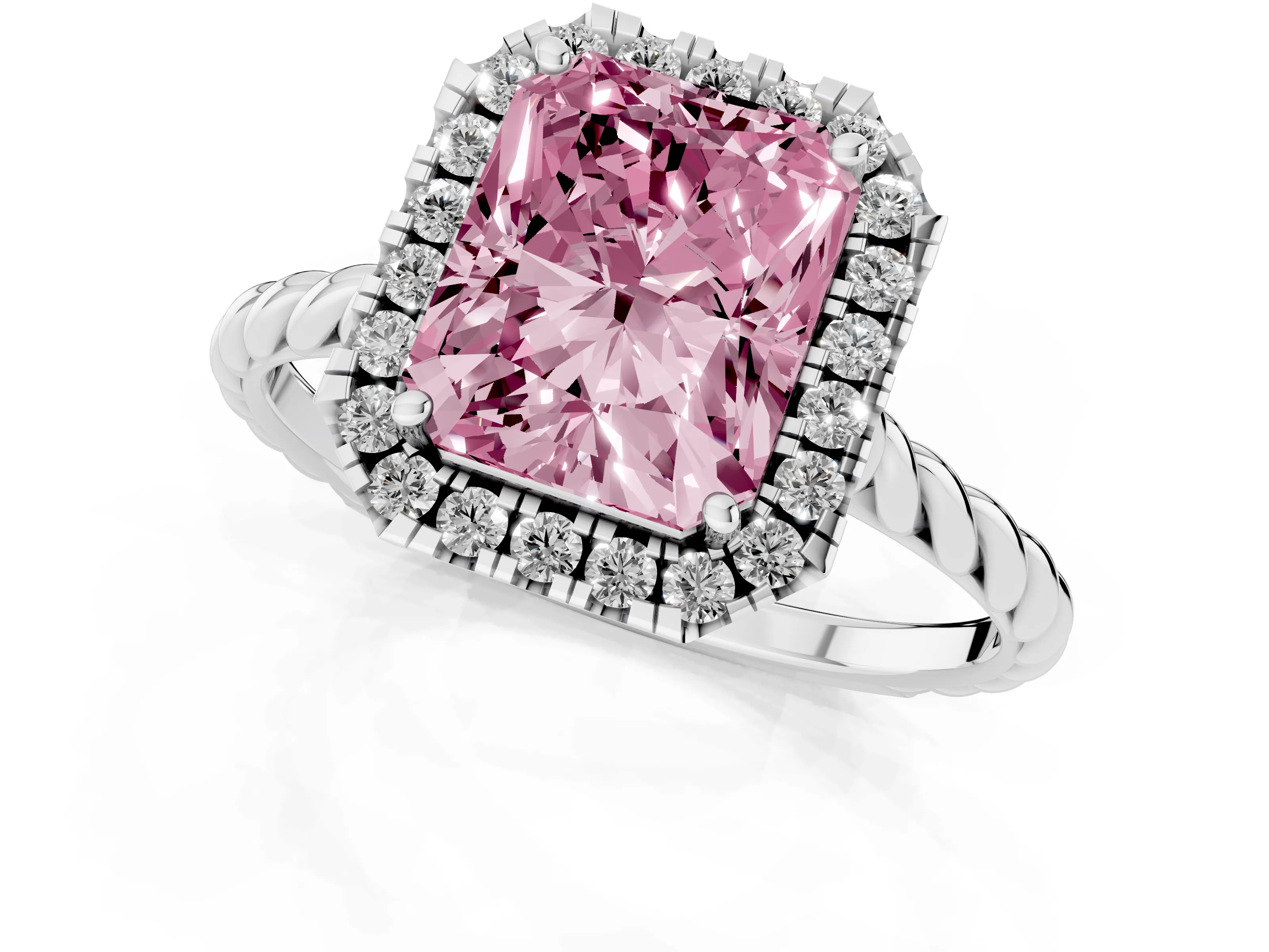 Fancy Pink Radiant Cut Diamond Halo Ring Set in Platinum with Plain Twisted Band