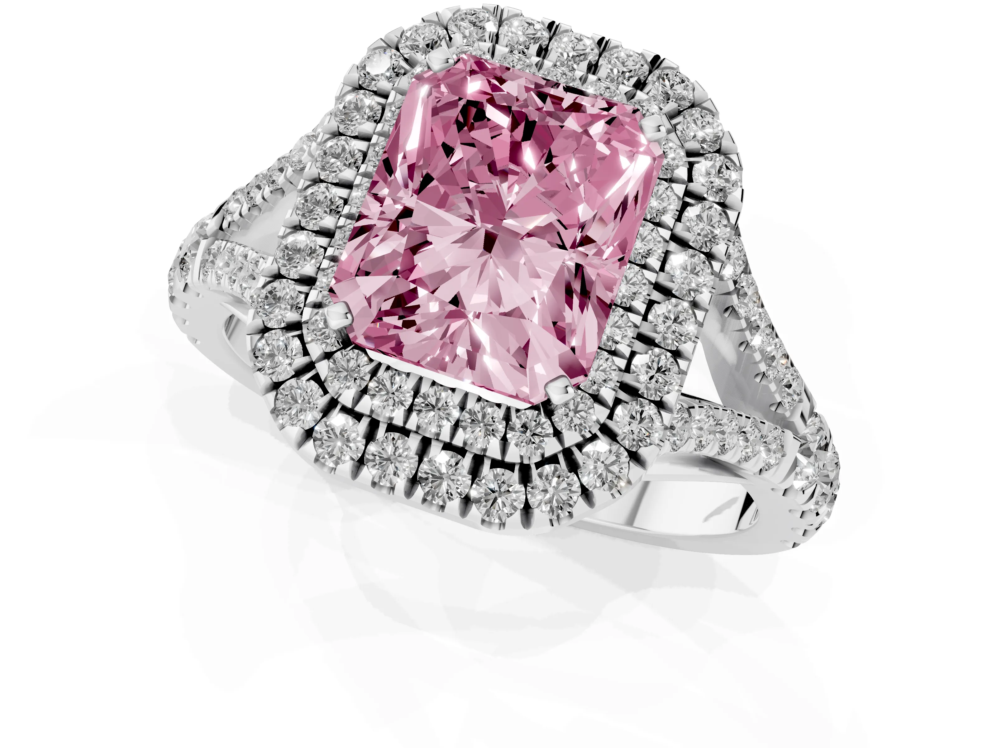 Fancy Pink Radiant Cut Diamond Pavé Split Shank Double Halo Engagement Ring Set in Silver