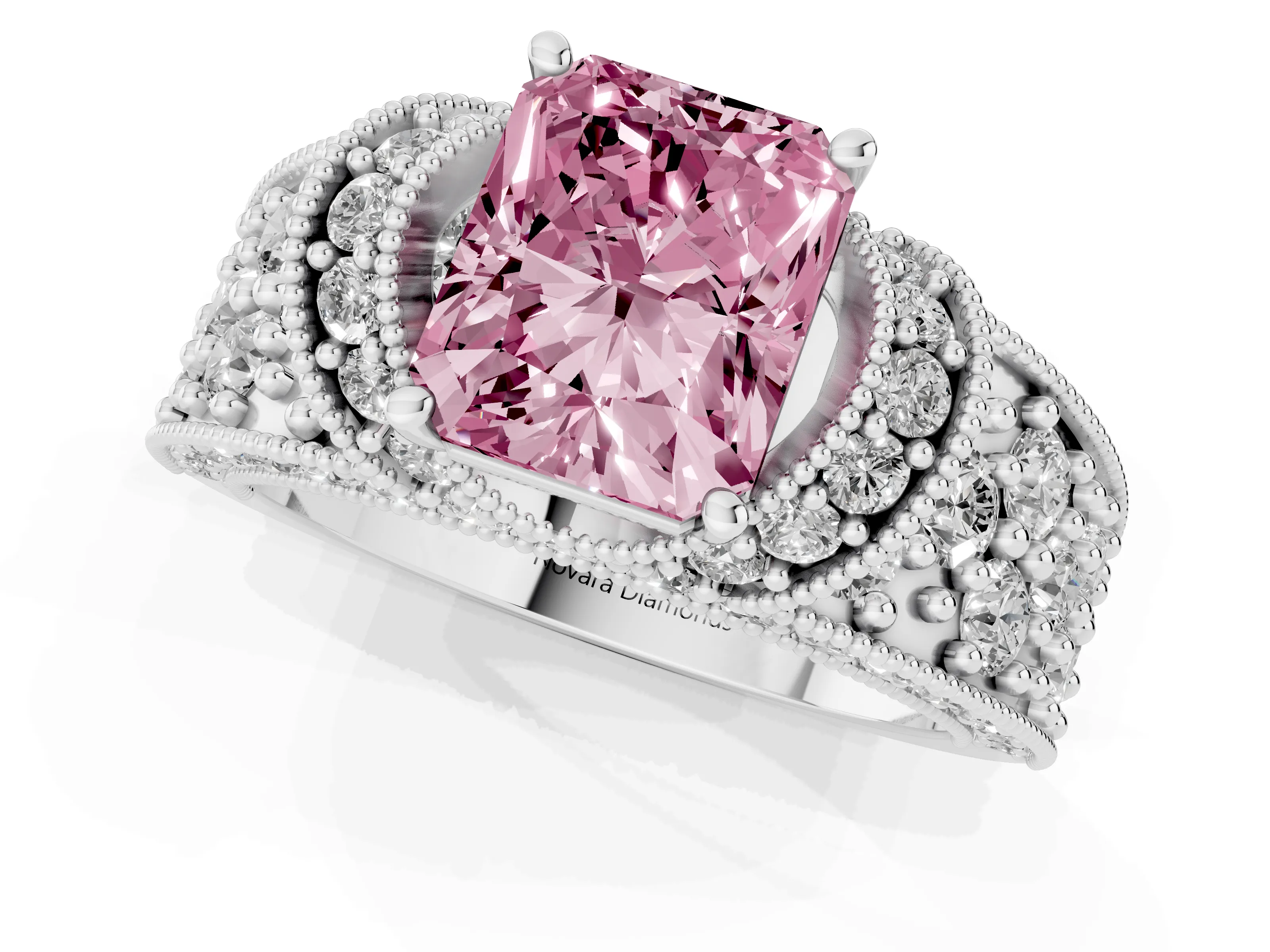 Fancy Pink Radiant Cut Diamond Milgrain Halo Pavé Engagement Ring Set in White gold with Prong Setting