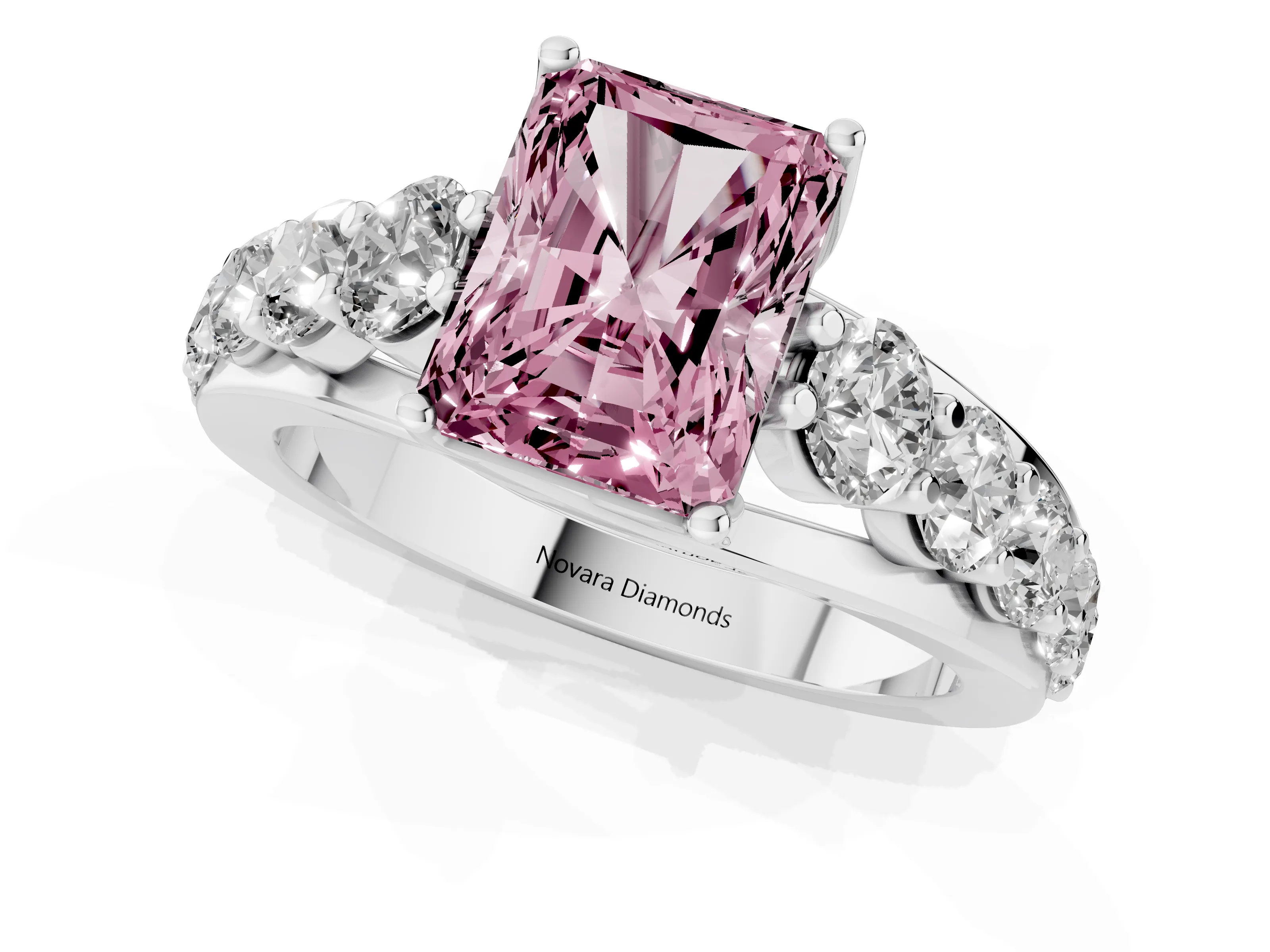 Fancy Pink Radiant Cut Diamond Pavé Engagement Ring Set in White gold with Prong Setting