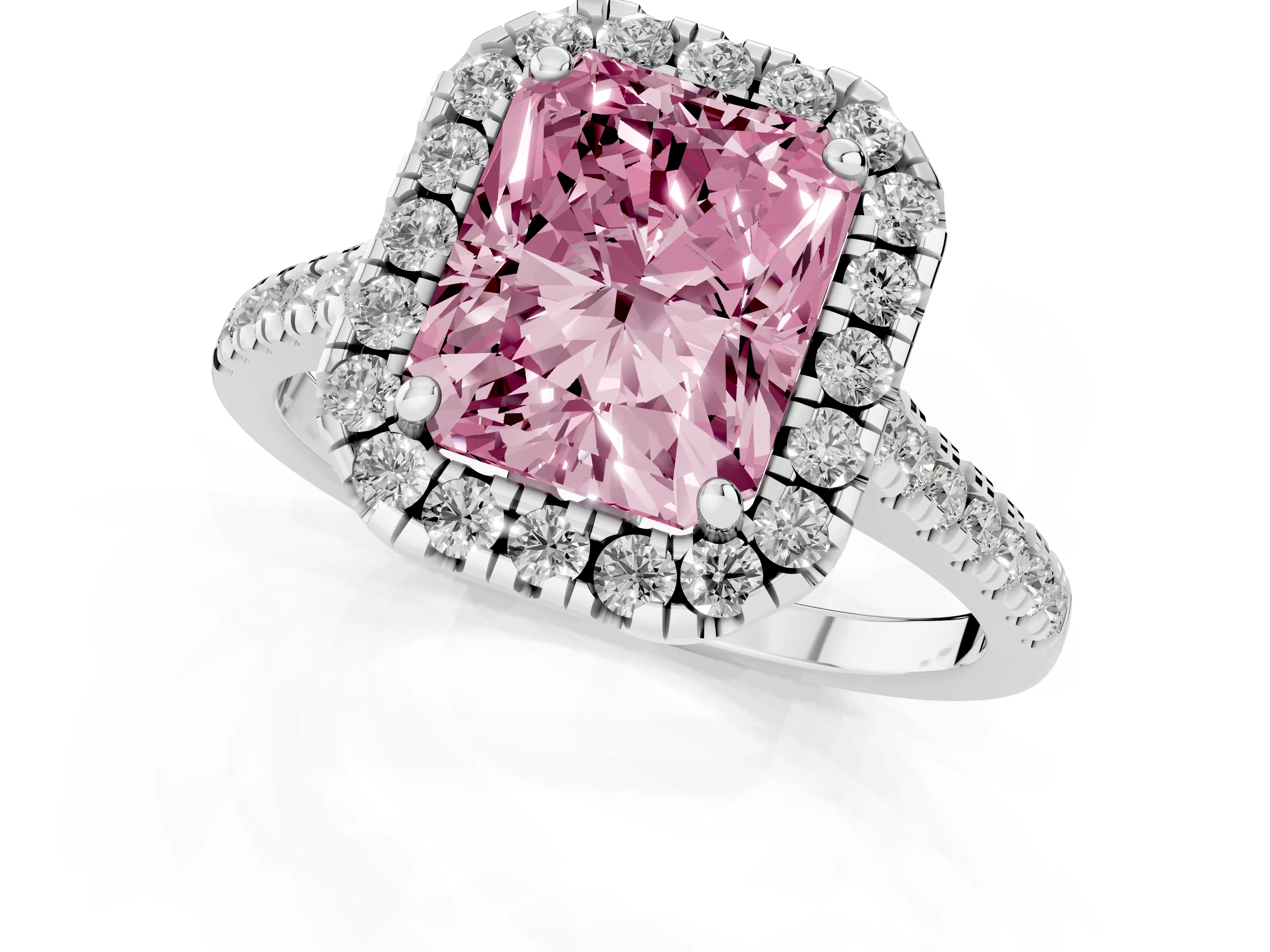 Fancy Pink Radiant Cut Diamond Cushion Halo Ring Set in White gold with Pavé Band – second view