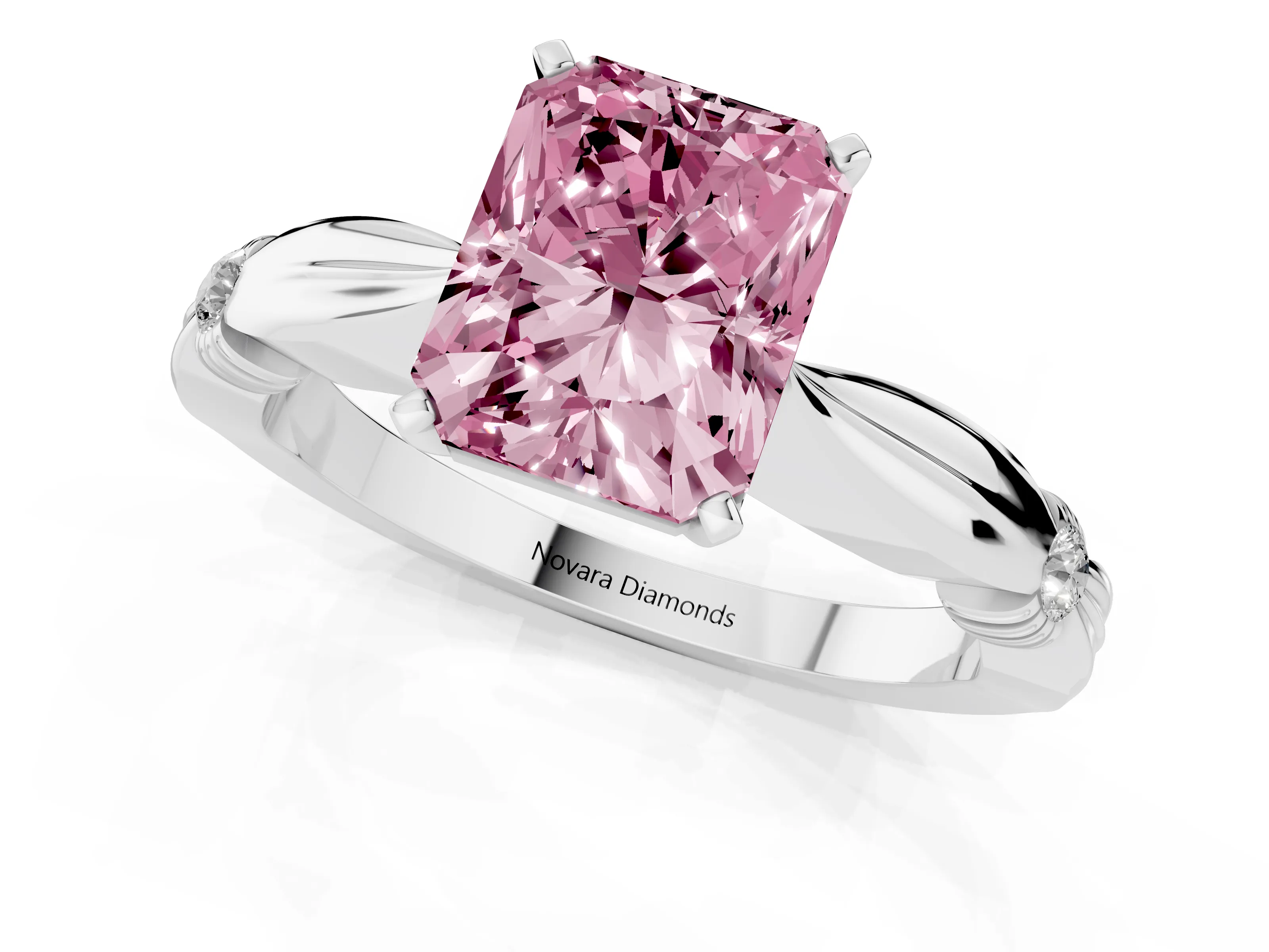 Fancy Pink Radiant Cut Diamond Solitaire Twisted Band Ring Set in Silver with Accent Stones and Prong Setting
