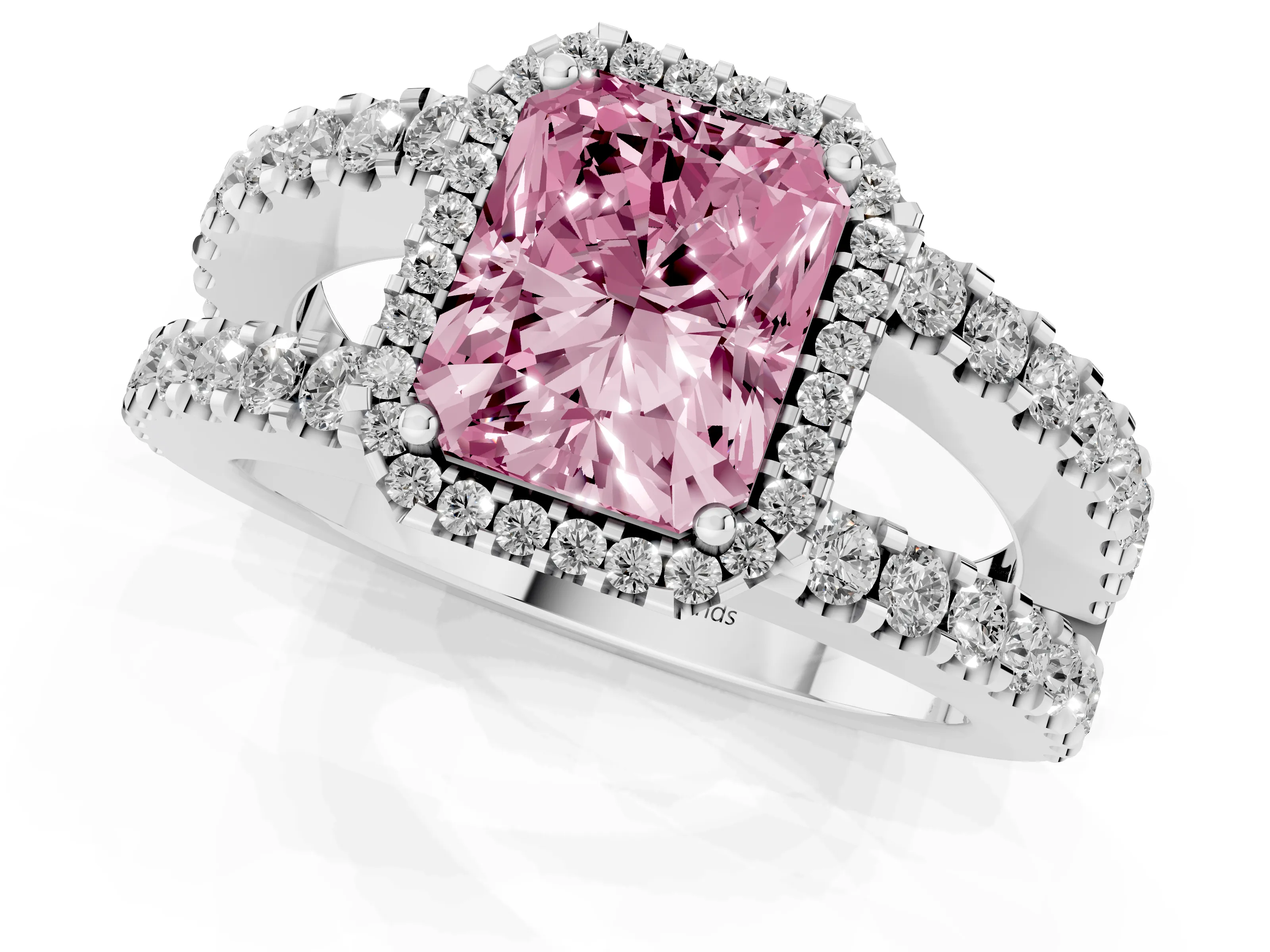 Fancy Pink Radiant Cut Diamond Halo Ring Set in Silver with Pavé Split Shank and Prong Setting