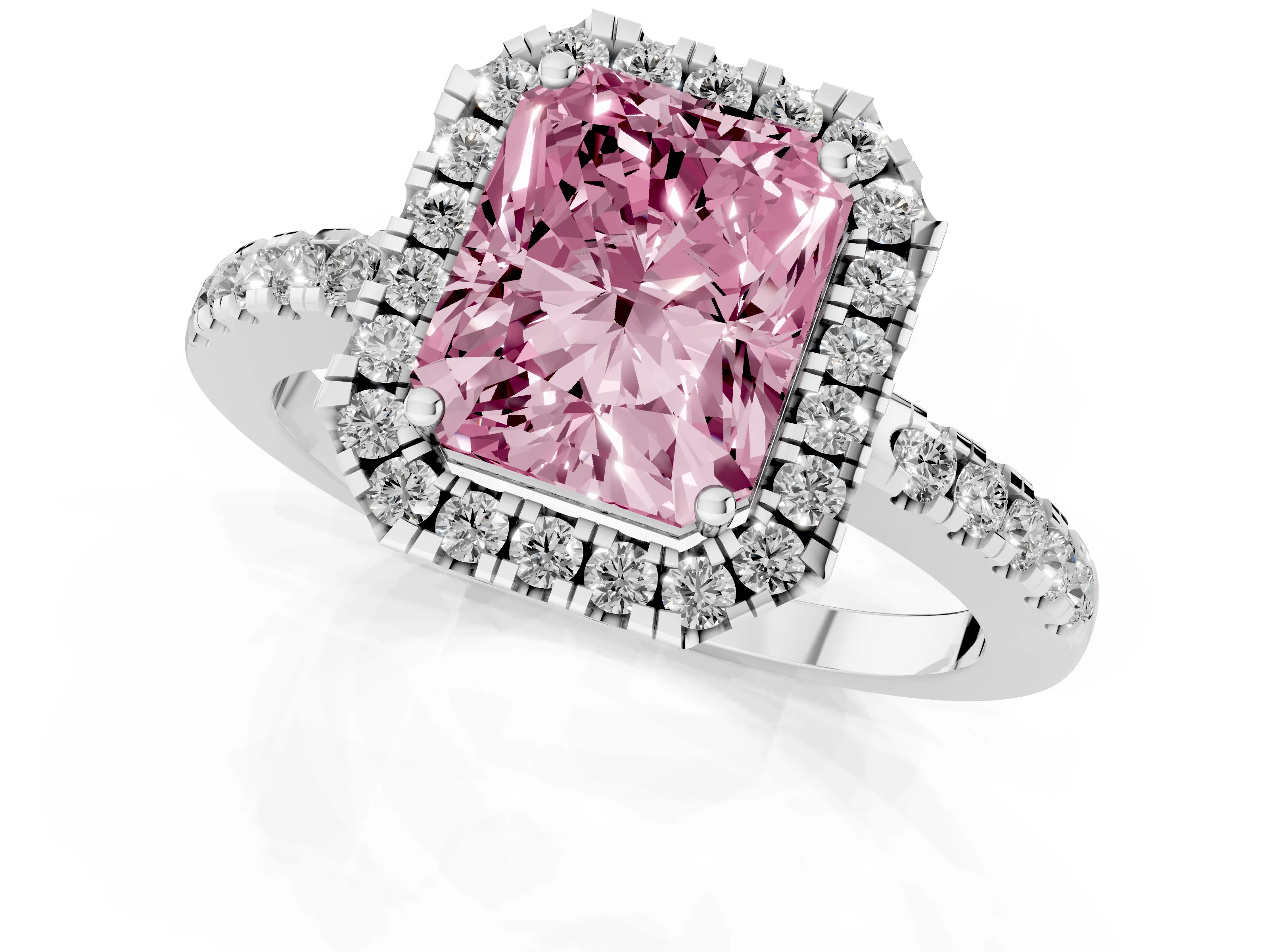Fancy Pink Radiant Cut Diamond Pavé Band Halo Engagement Ring Set in Platinum with Prong Setting