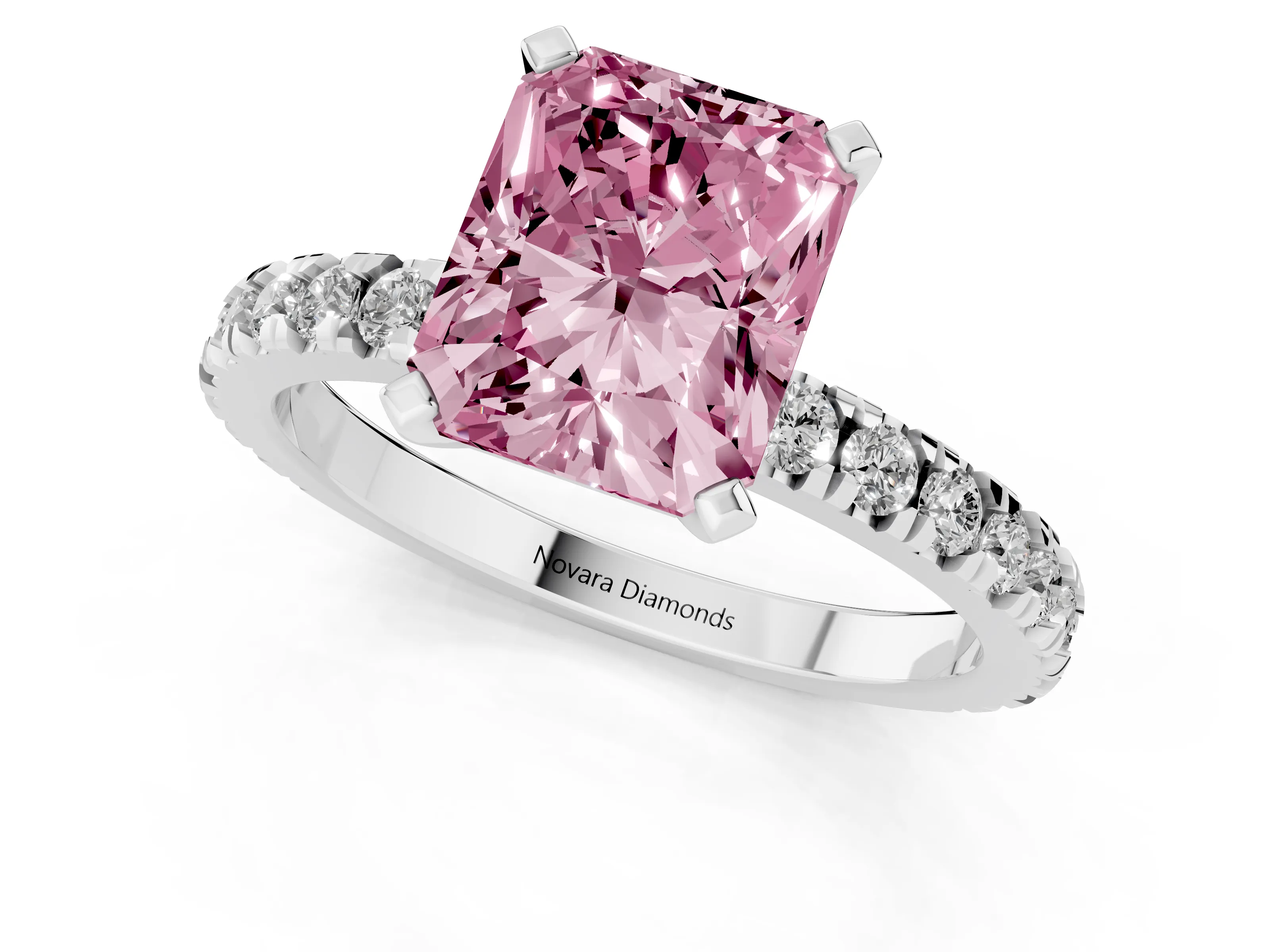 Fancy Pink Radiant Cut Diamond Pavé Band Solitaire Set in Platinum with Prong Setting