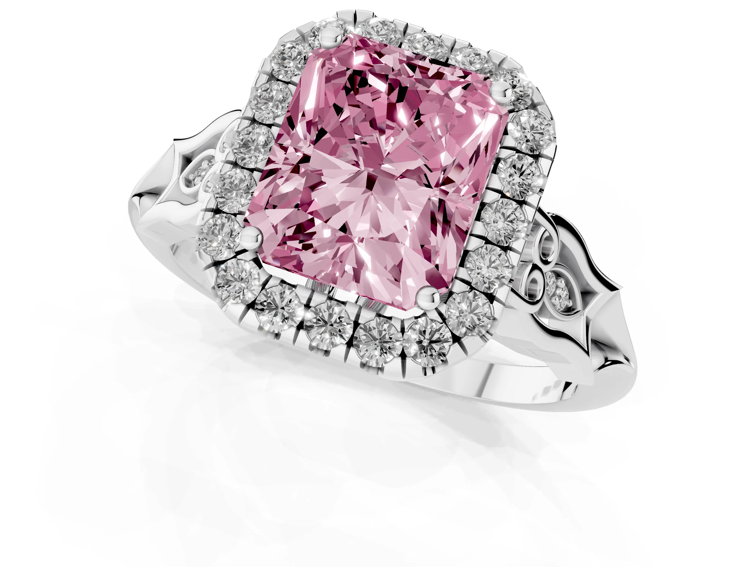 Fancy Pink Radiant Cut Diamond Halo Engagement Ring Set in Platinum with Filigree Band and Prong-Set Center – second view