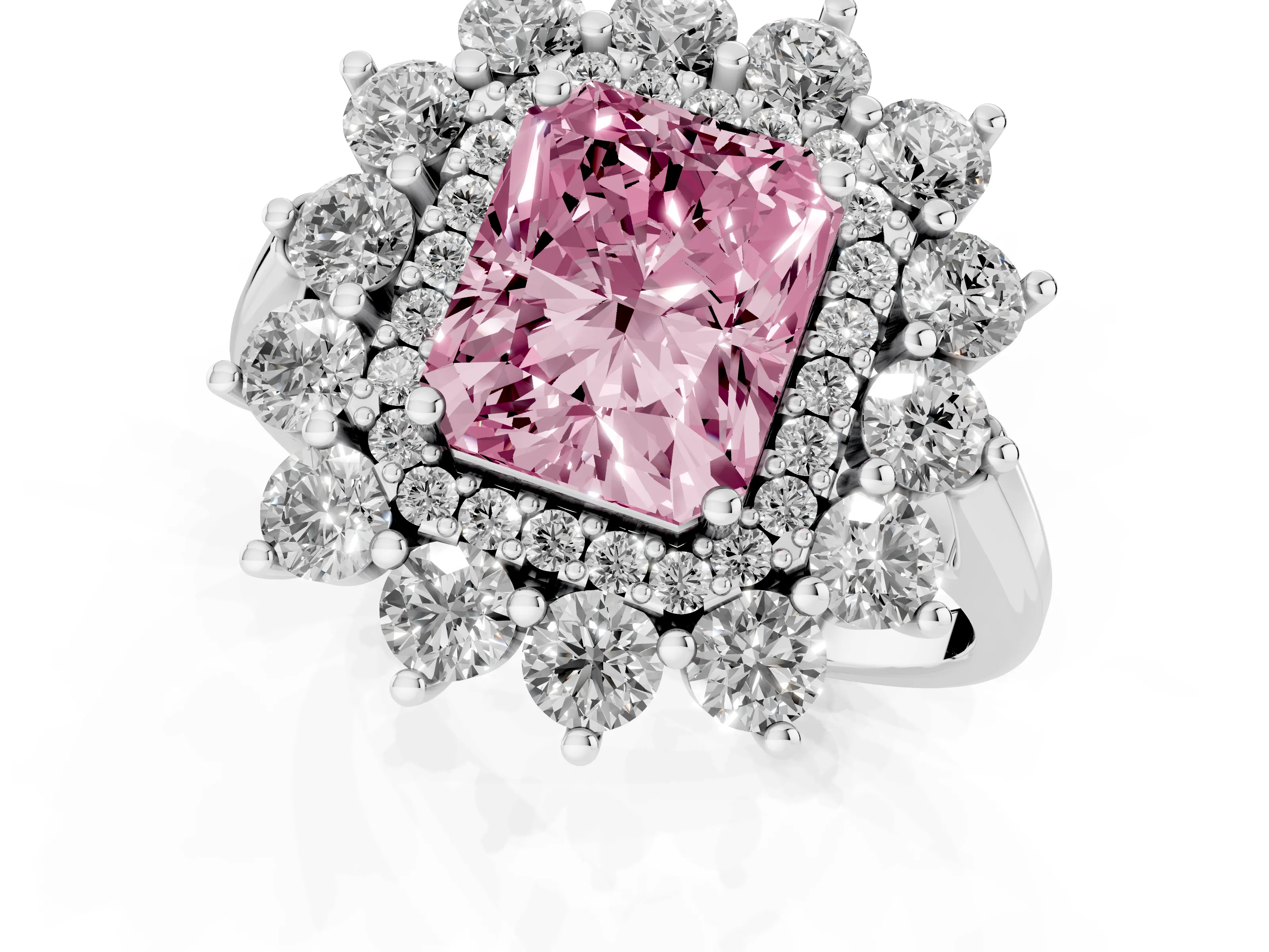 Fancy Pink Radiant Cut Diamond Floral Double Halo Ring Set in Silver with Round Petals