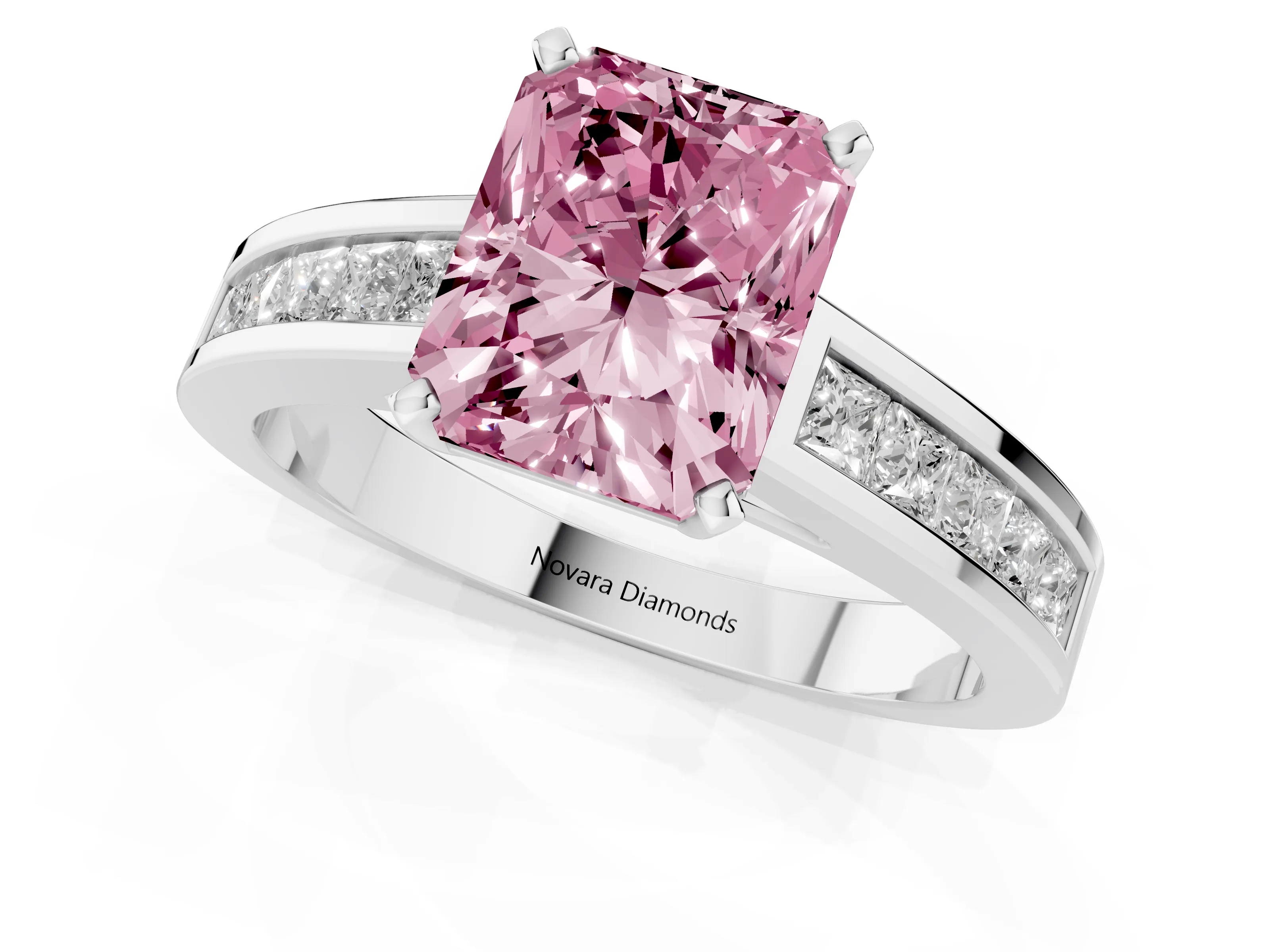 Fancy Pink Radiant Cut Diamond Solitaire Ring Set in White gold with Channel-Set Band and Prong Setting