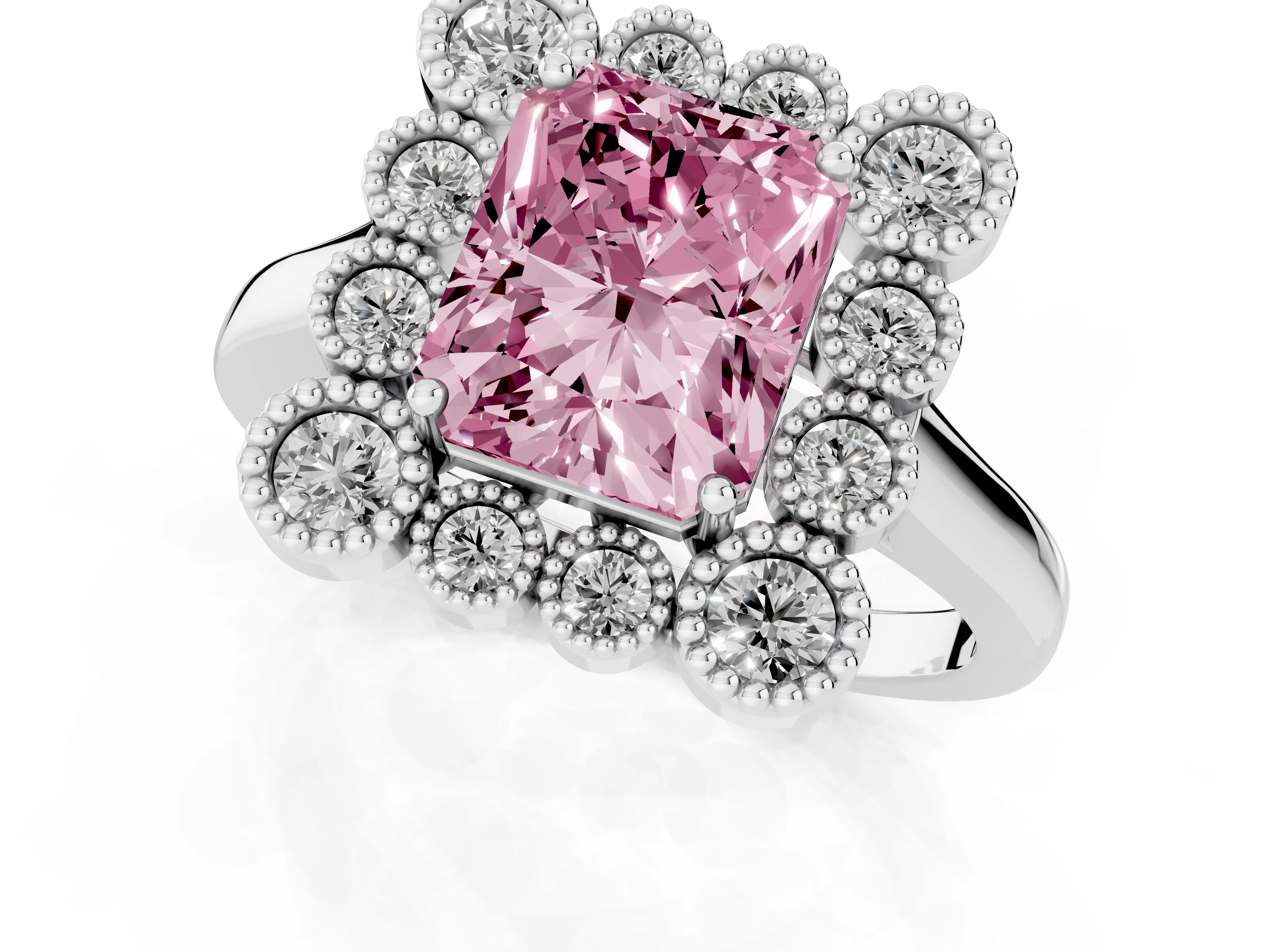 Fancy Pink Radiant Cut Diamond Cluster Halo Ring Set in White gold with Milgrain Bezel Accents and Plain Band