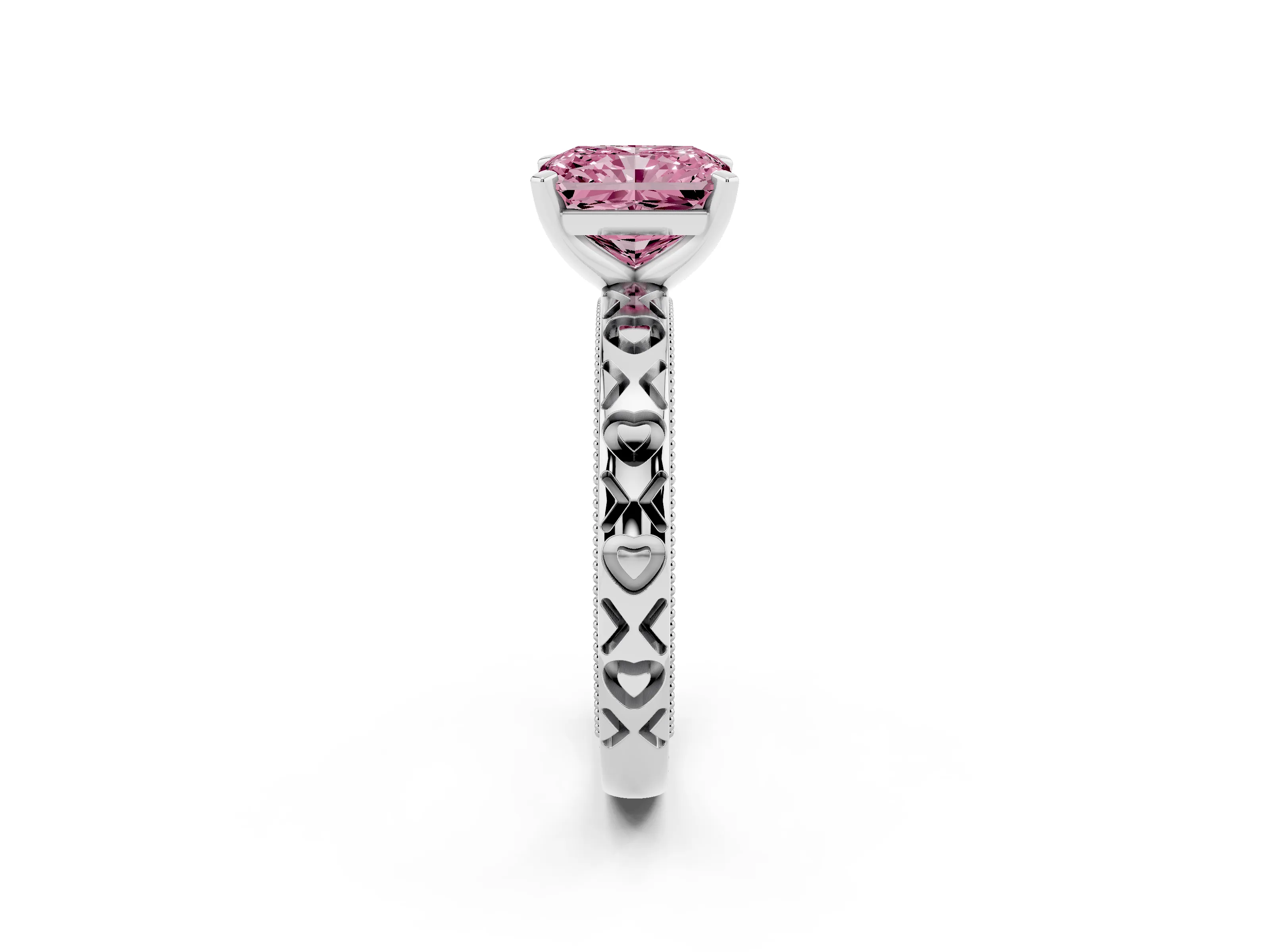 Fancy Pink Radiant Cut Diamond Solitaire Engagement Ring Set in White gold with XO Engraved Band and Prong Setting