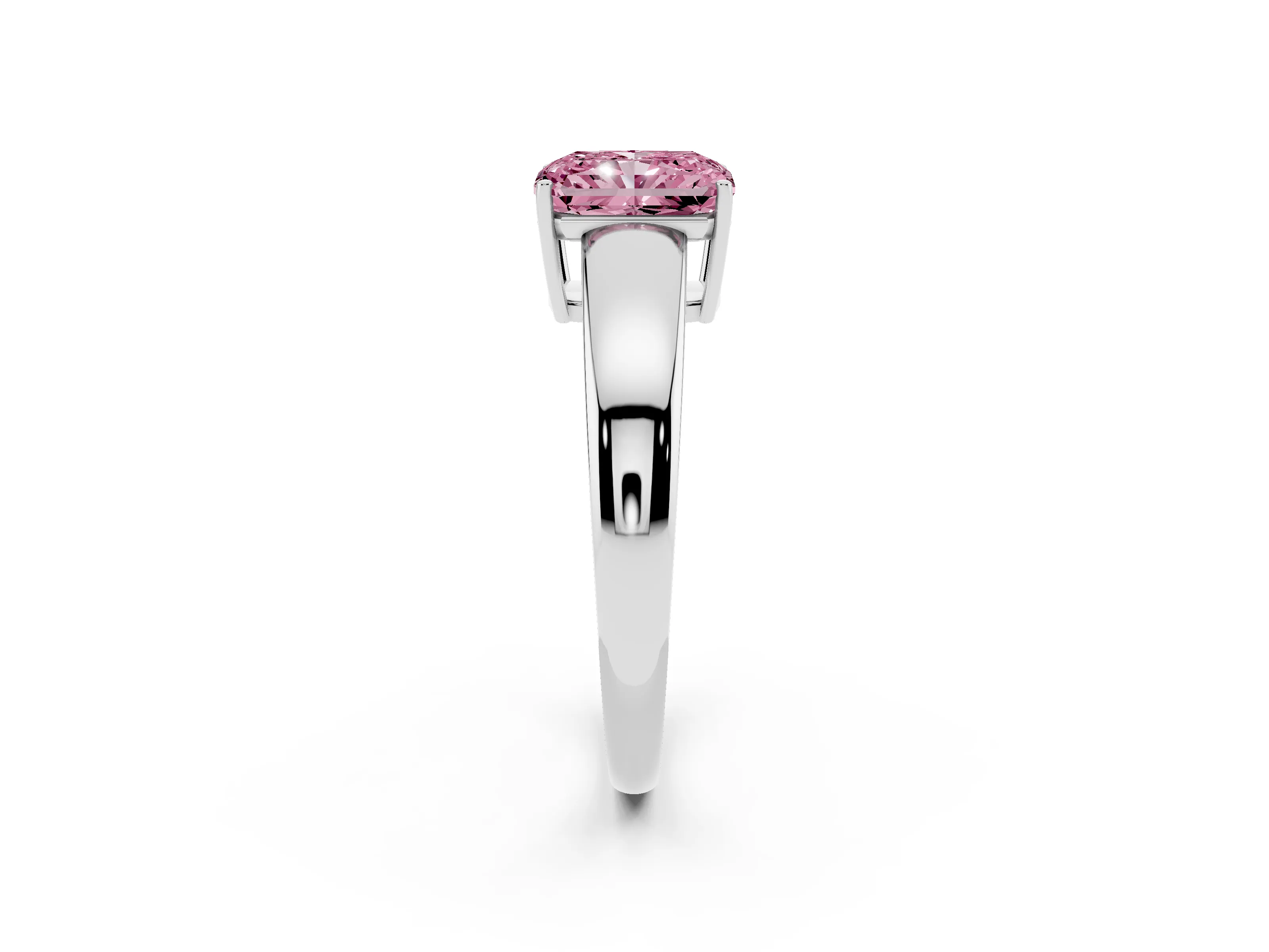 Fancy Pink Radiant Cut Diamond Solitaire Ring Set in White gold with Tapered Band and Prong Setting
