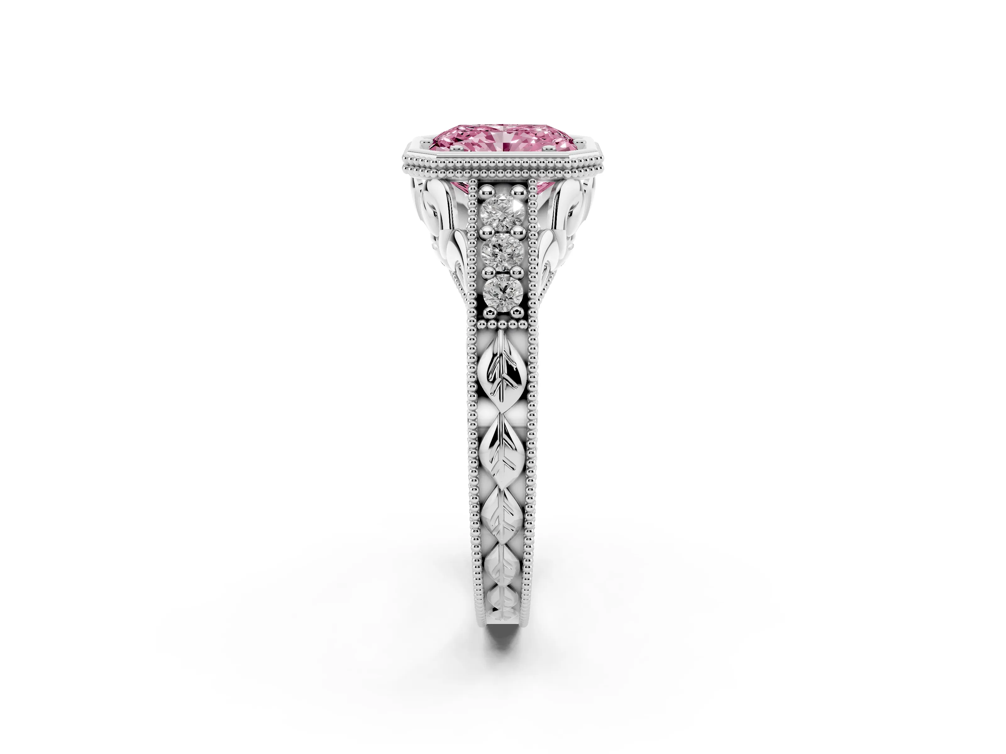 Fancy Pink Bezel Set Radiant Cut Diamond Milgrain Pavé Engagement Ring Set in Silver