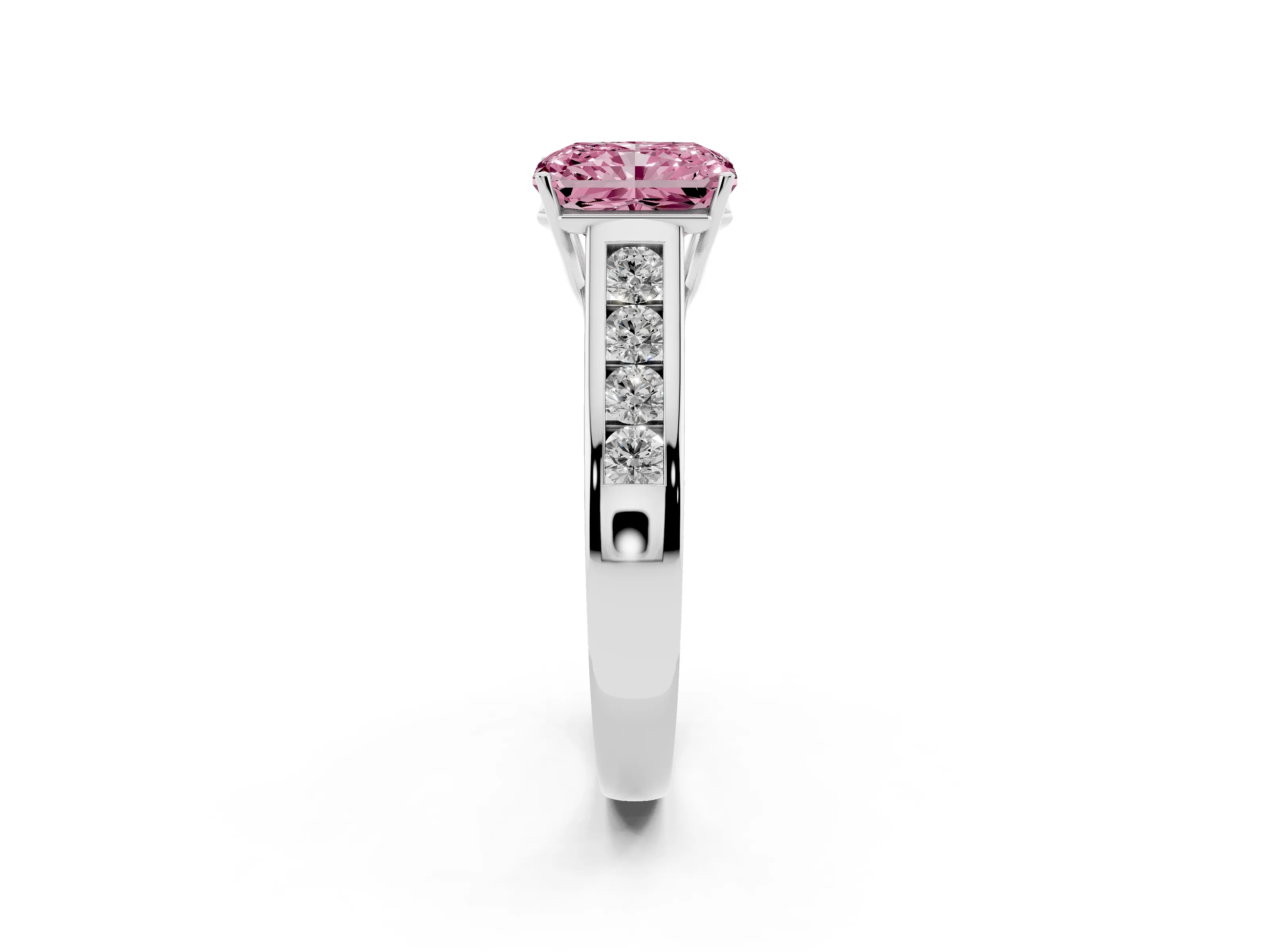 Fancy Pink Radiant Cut Diamond Brilliant Channel-Set Solitaire Ring Set in White gold with Prong Setting