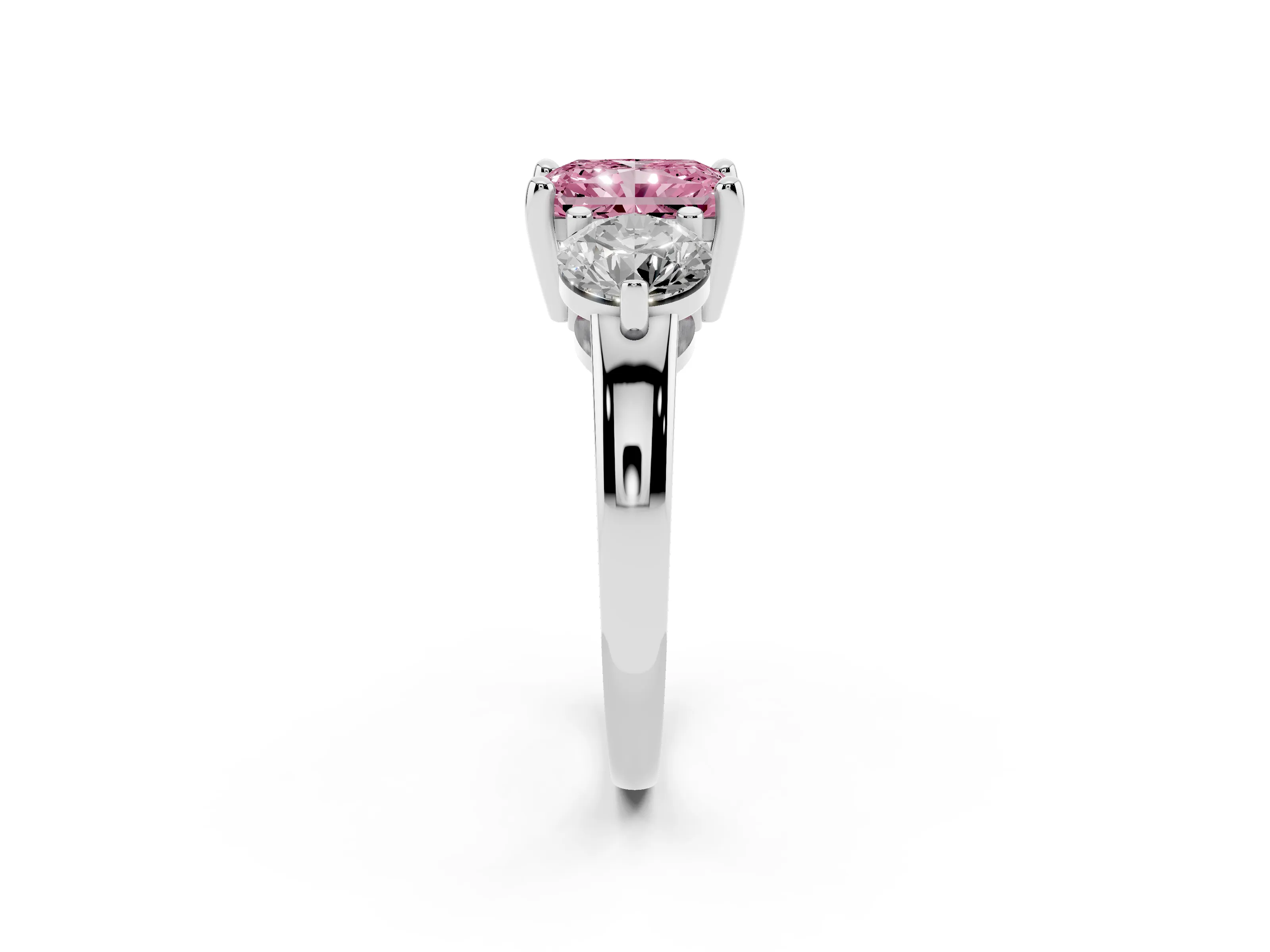 Fancy Pink Radiant Cut Diamond Three-Stone Ring Set in Silver with Prong Setting and Classic Band