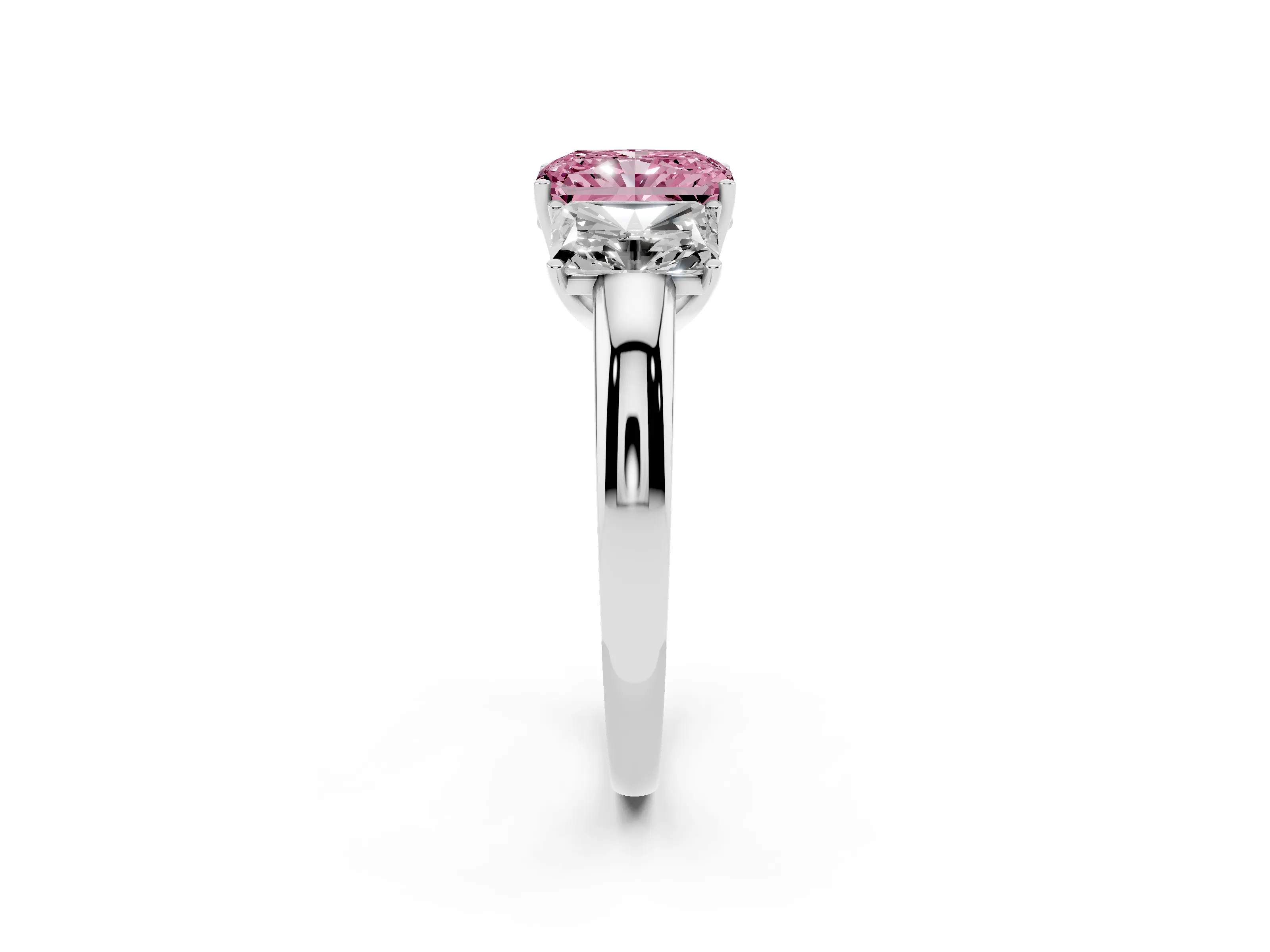 Fancy Pink Radiant Cut Diamond Three-Stone Ring Set in Platinum with Bold Center and Classic Band