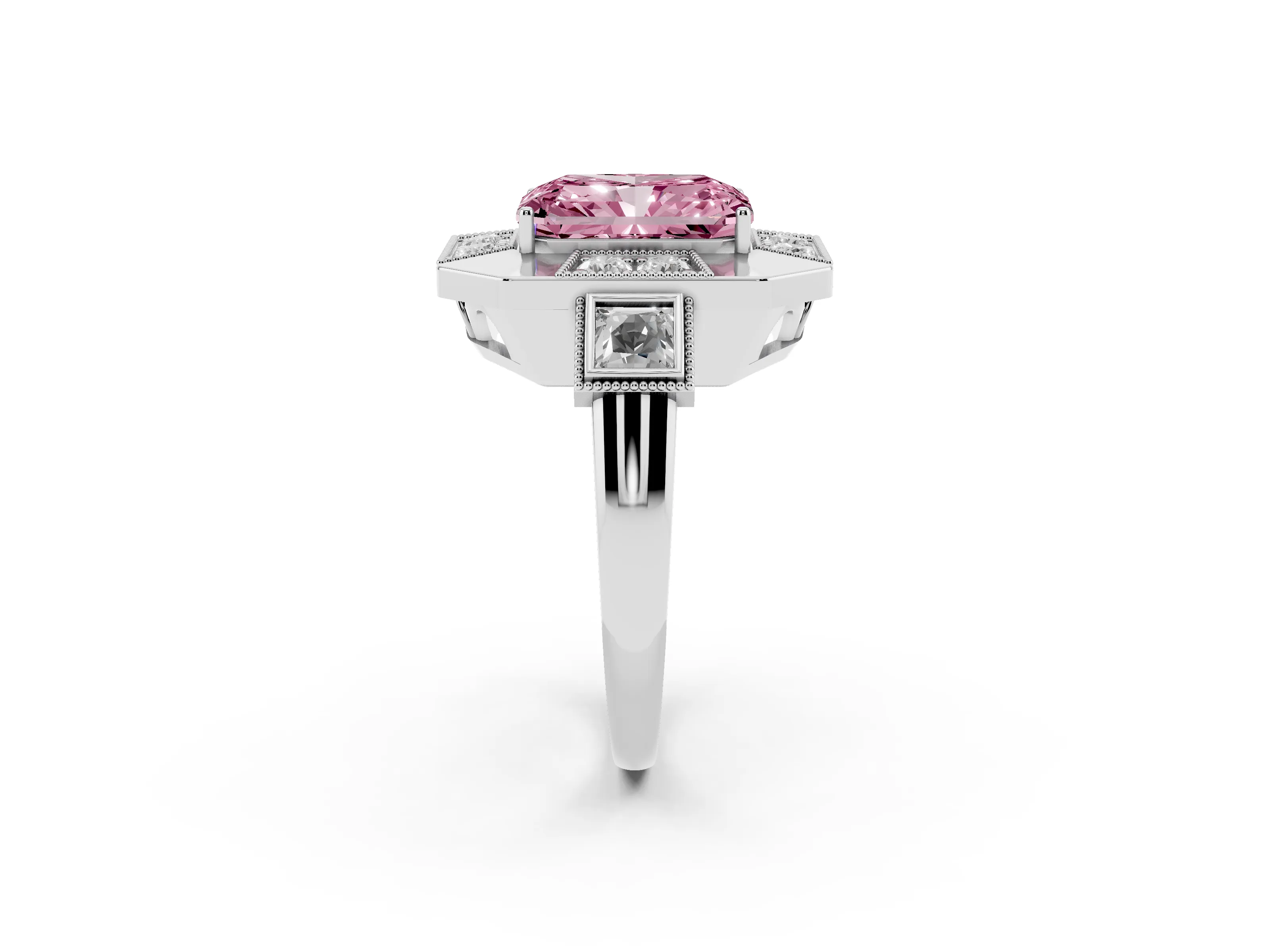 Fancy Pink Radiant Cut Diamond Milgrain Halo Ring Set in Silver with Split Shank
