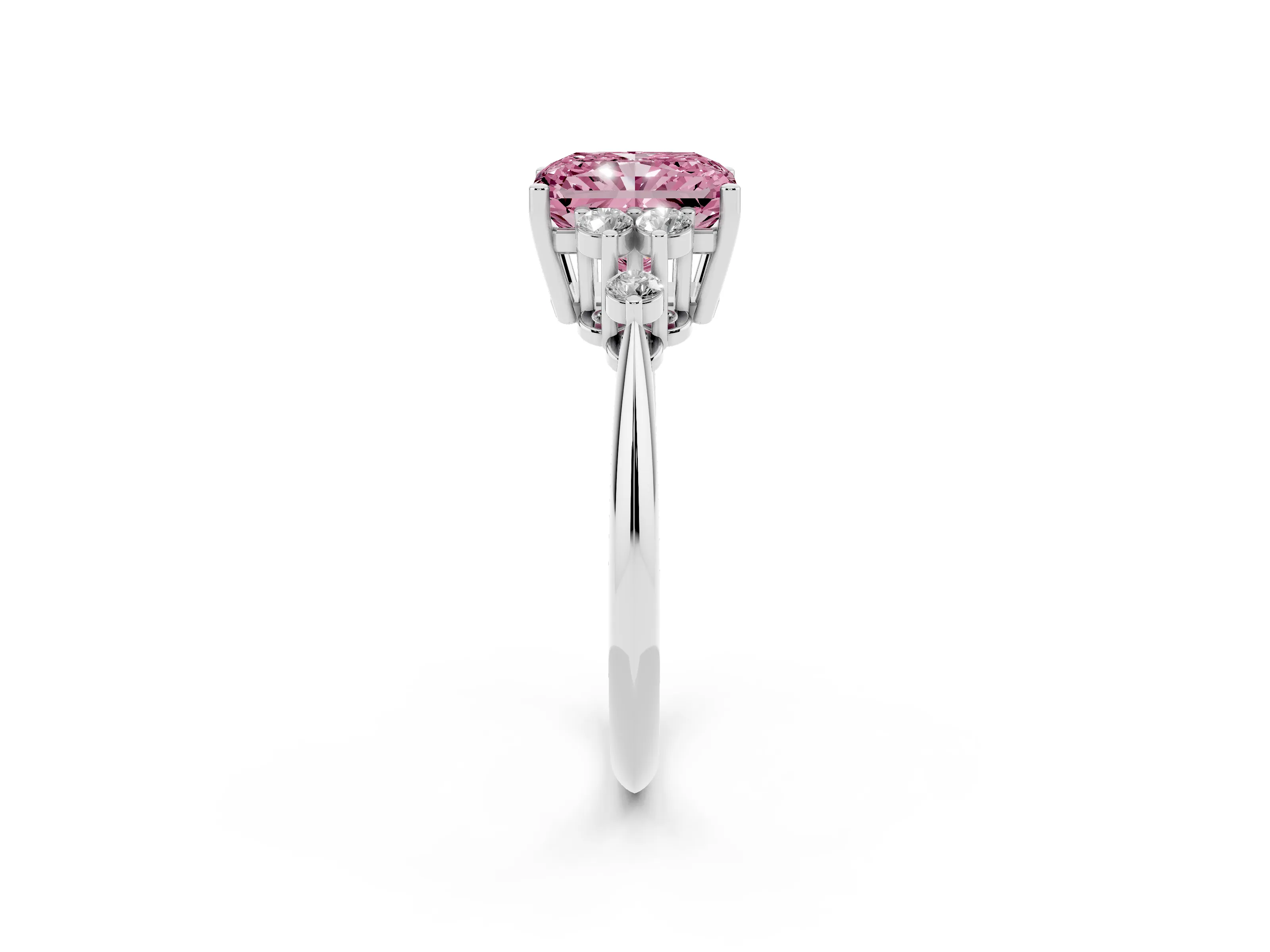 Fancy Pink Radiant Cut Diamond Cluster Ring Set in Silver with Plain Band and Prong Setting