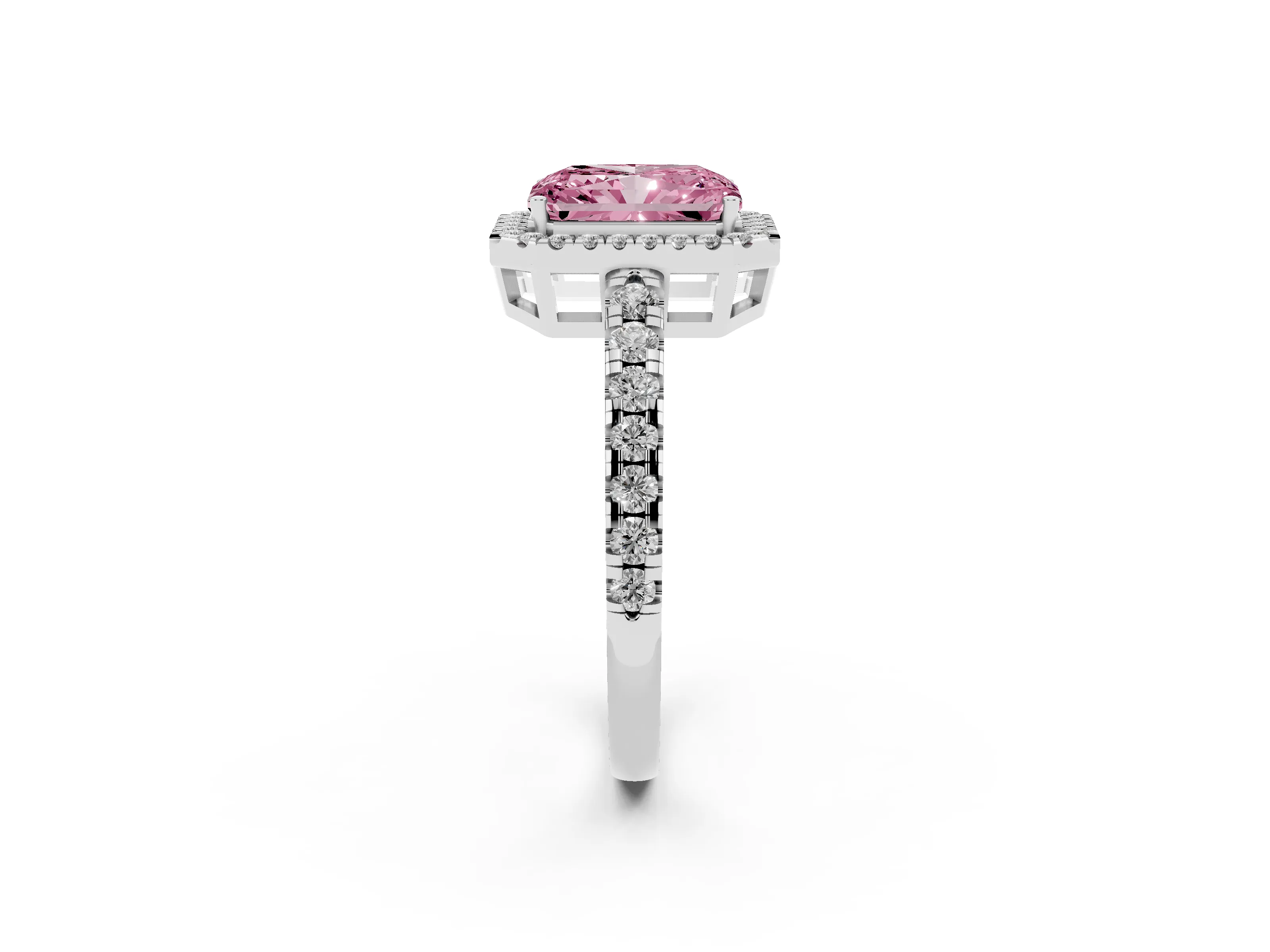 Fancy Pink Radiant Cut Diamond Halo Ring Set in Platinum with Delicate Pavé Band and Prong Setting