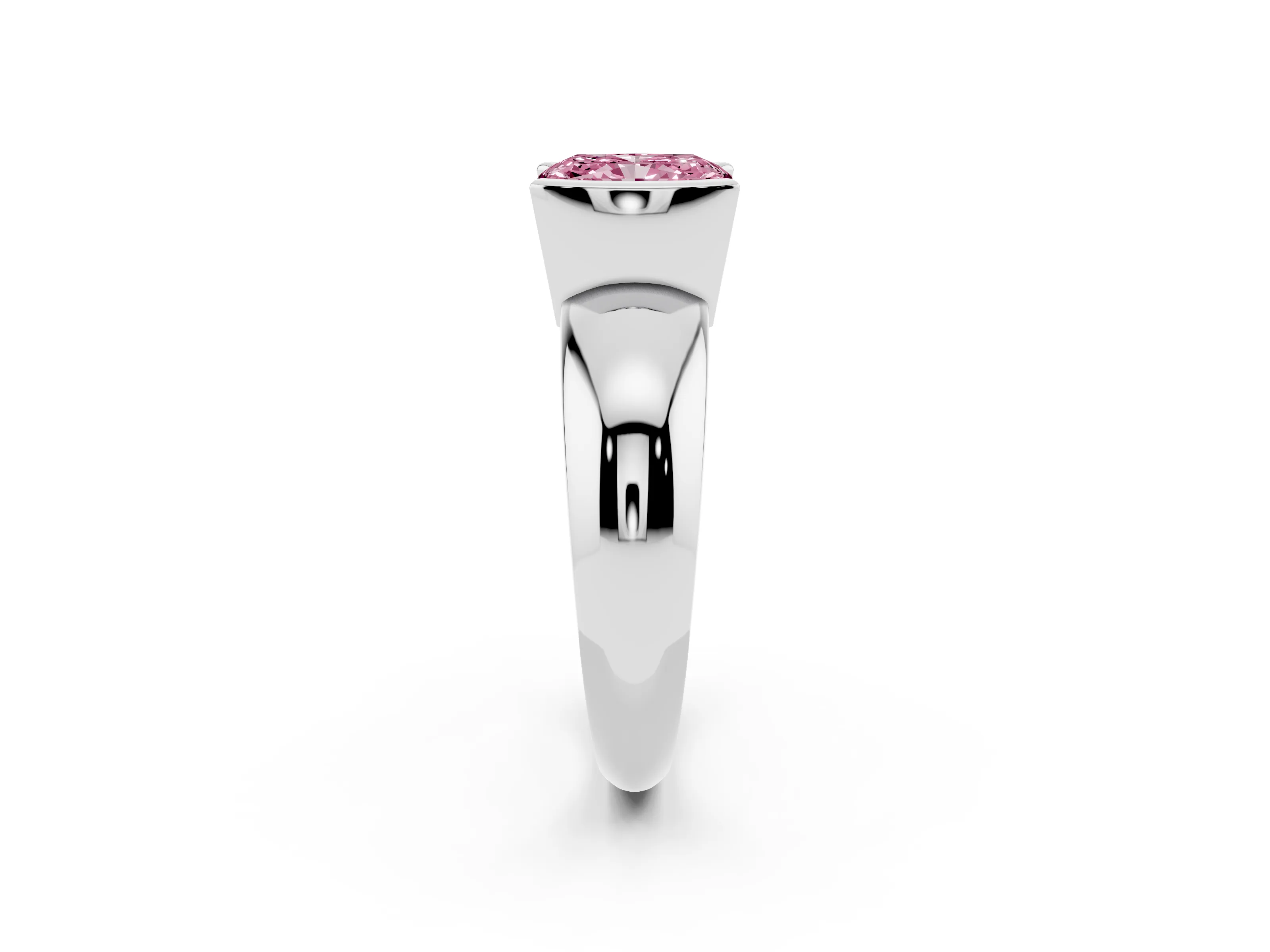 Fancy Pink Radiant Cut Diamond Solitaire Tension Set Ring Set in White gold with Wide Band