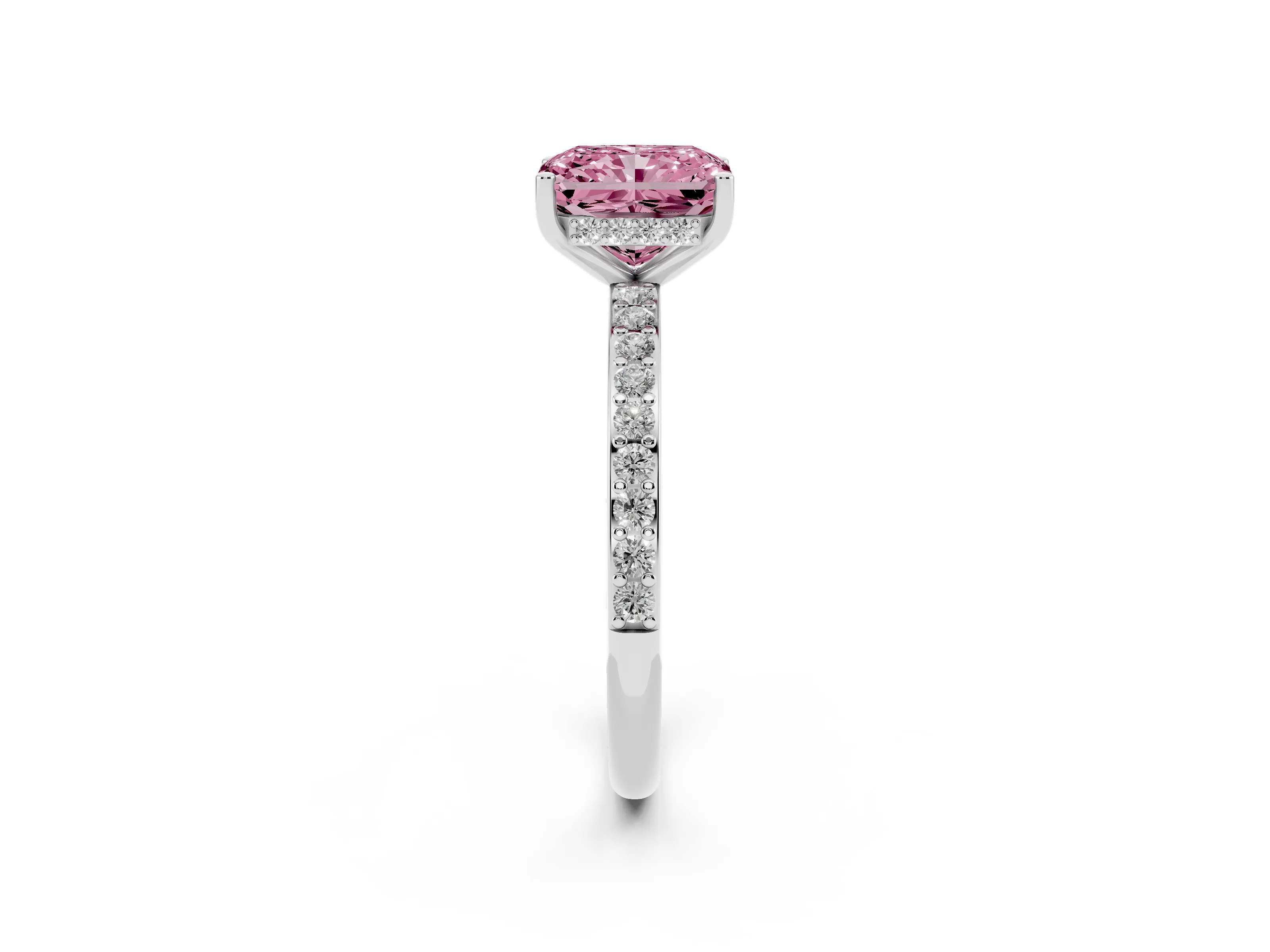 Fancy Pink Radiant Cut Diamond Pavé Band Ring Set in Platinum with Prong-Set Center Stone