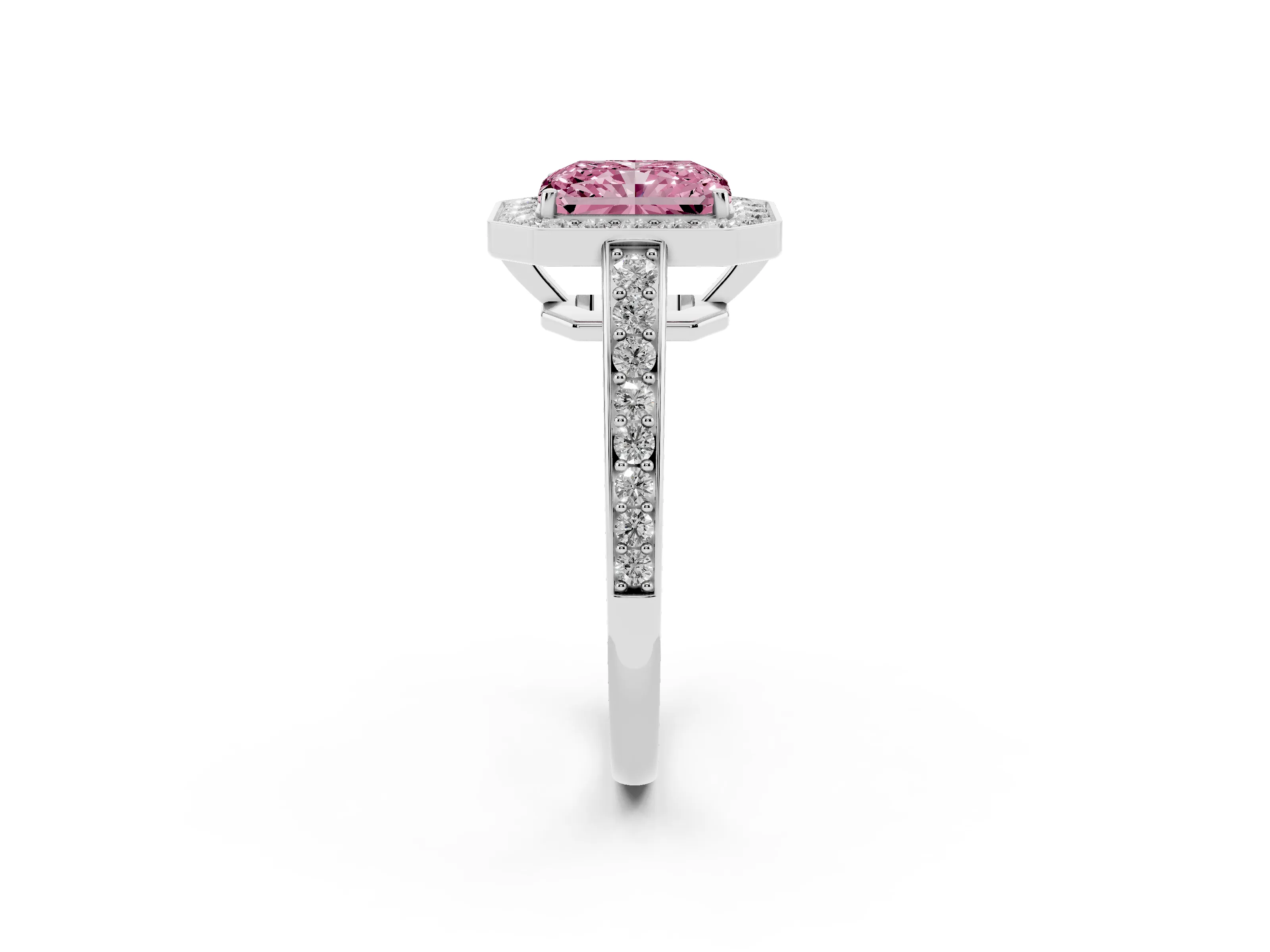 Fancy Pink Radiant Cut Diamond Halo Pavé Engagement Ring Set in Platinum with Bezel Setting
