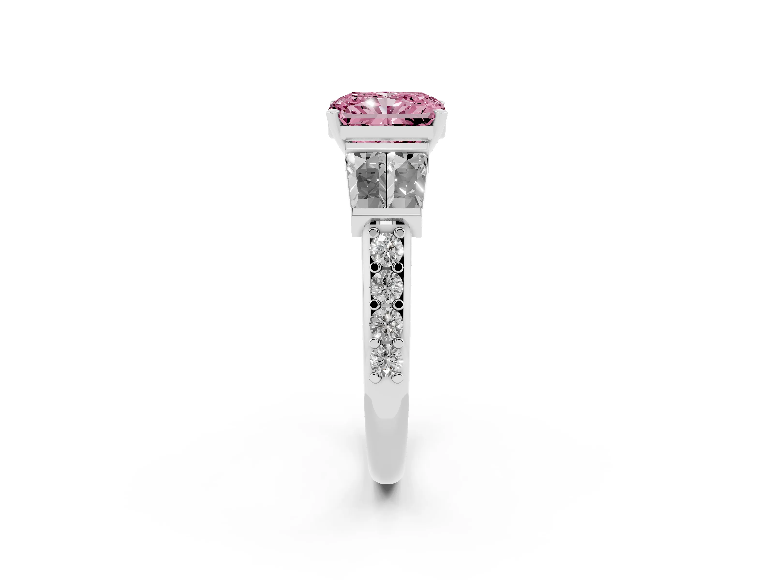 Fancy Pink Radiant Cut Diamond Engagement Ring Set in Silver with Baguette Side Stones and Channel Set Band