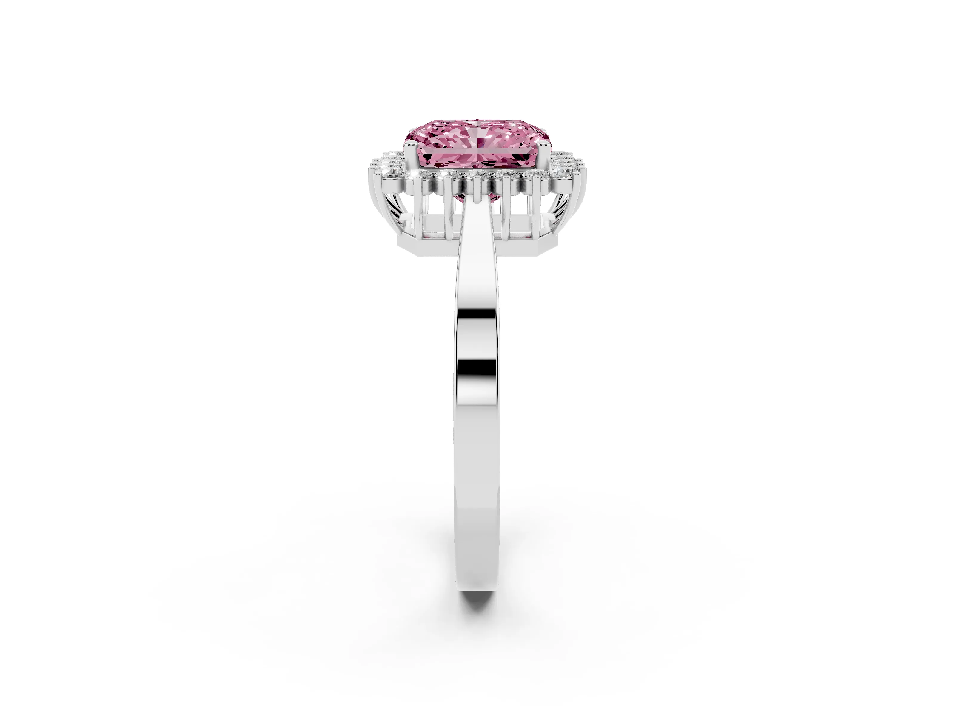 Fancy Pink Radiant Cut Diamond Halo Ring Set in White gold with Round Halo and Smooth Solitaire Band