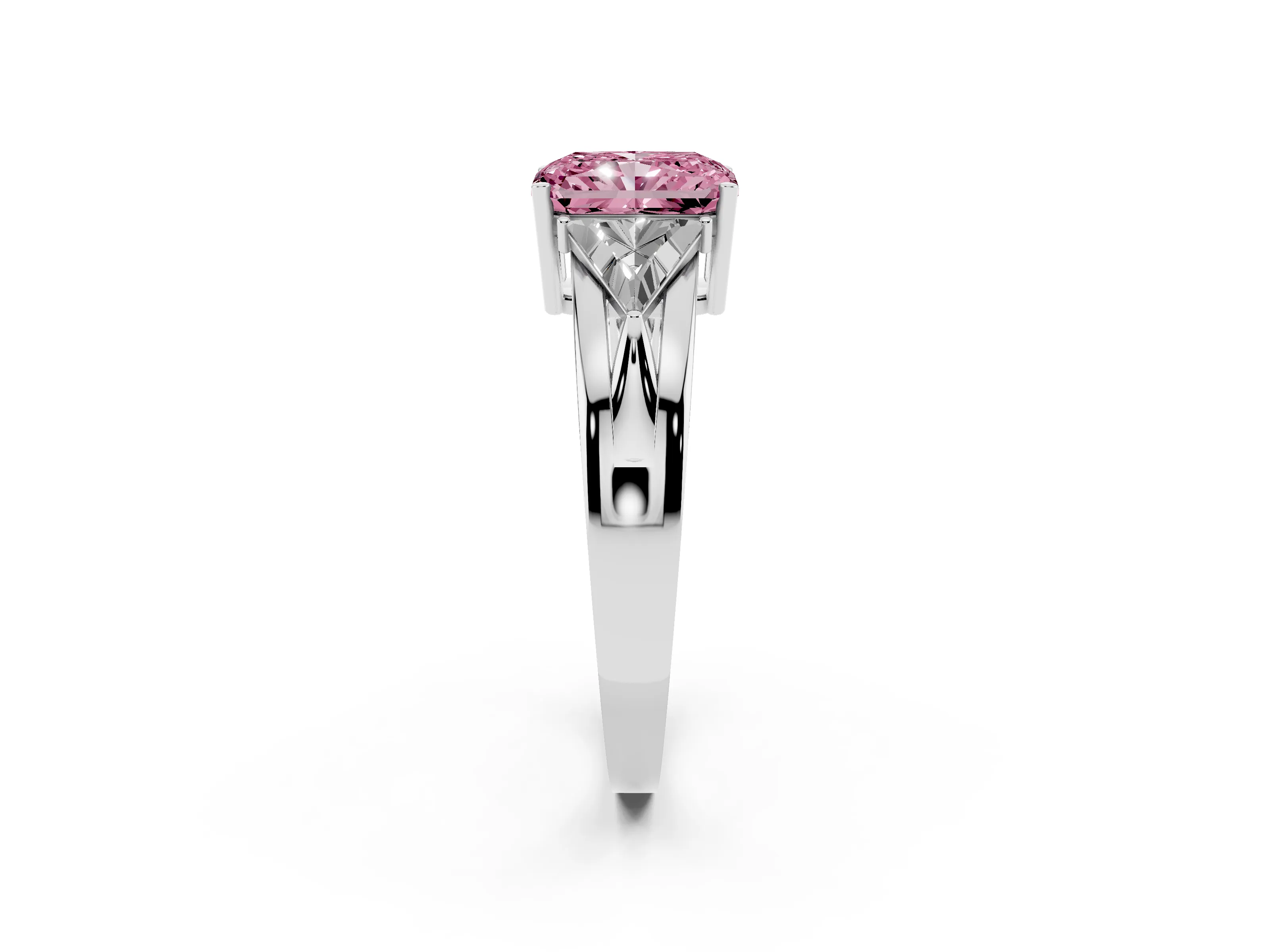 Fancy Pink Radiant Cut Diamond Three-Stone Ring Set in Silver with Trillion Side Stones and Split Shank