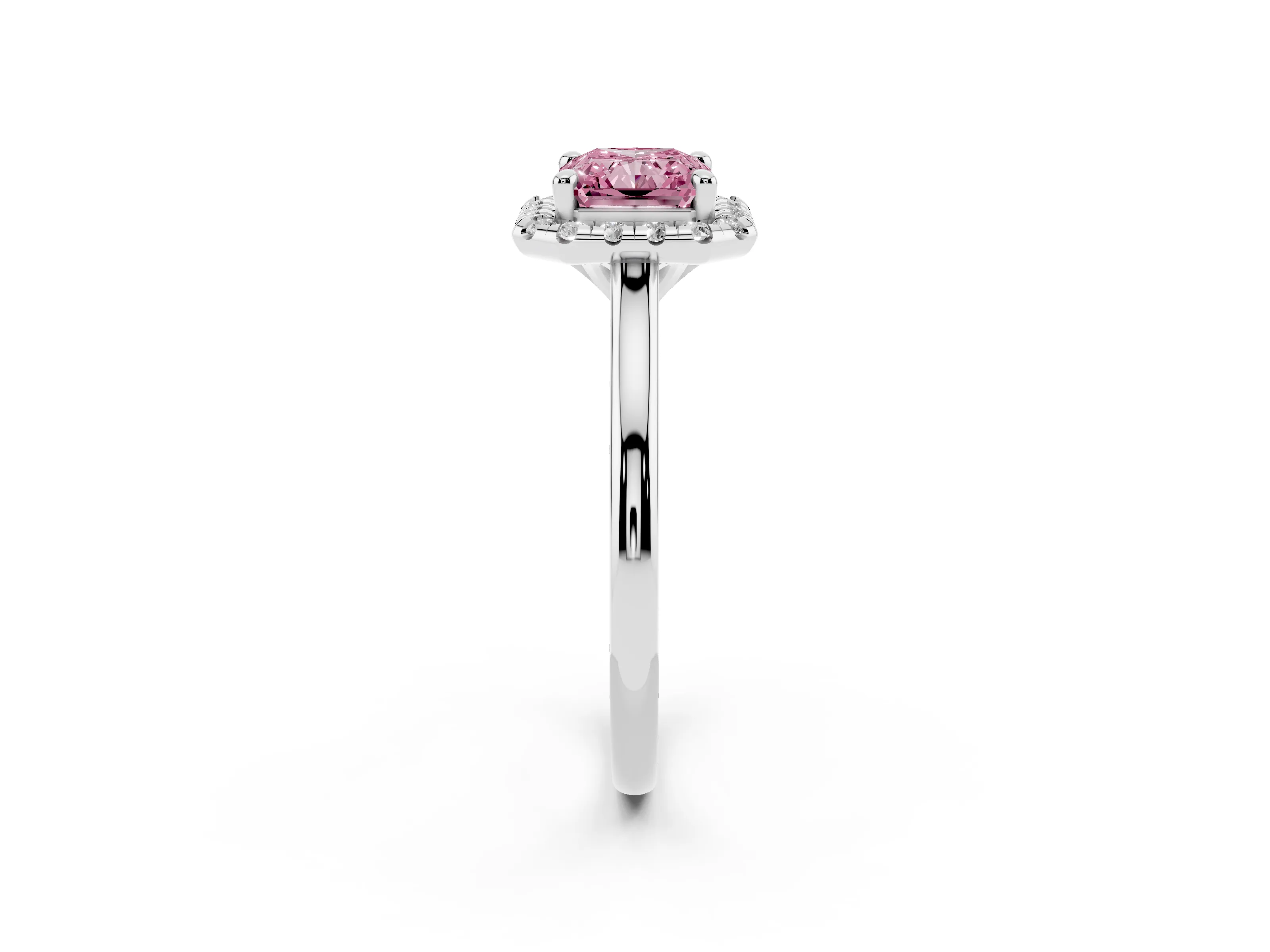 Fancy Pink Radiant Cut Diamond Halo Engagement Ring Set in White gold with Pavé Band and Rising Shoulders