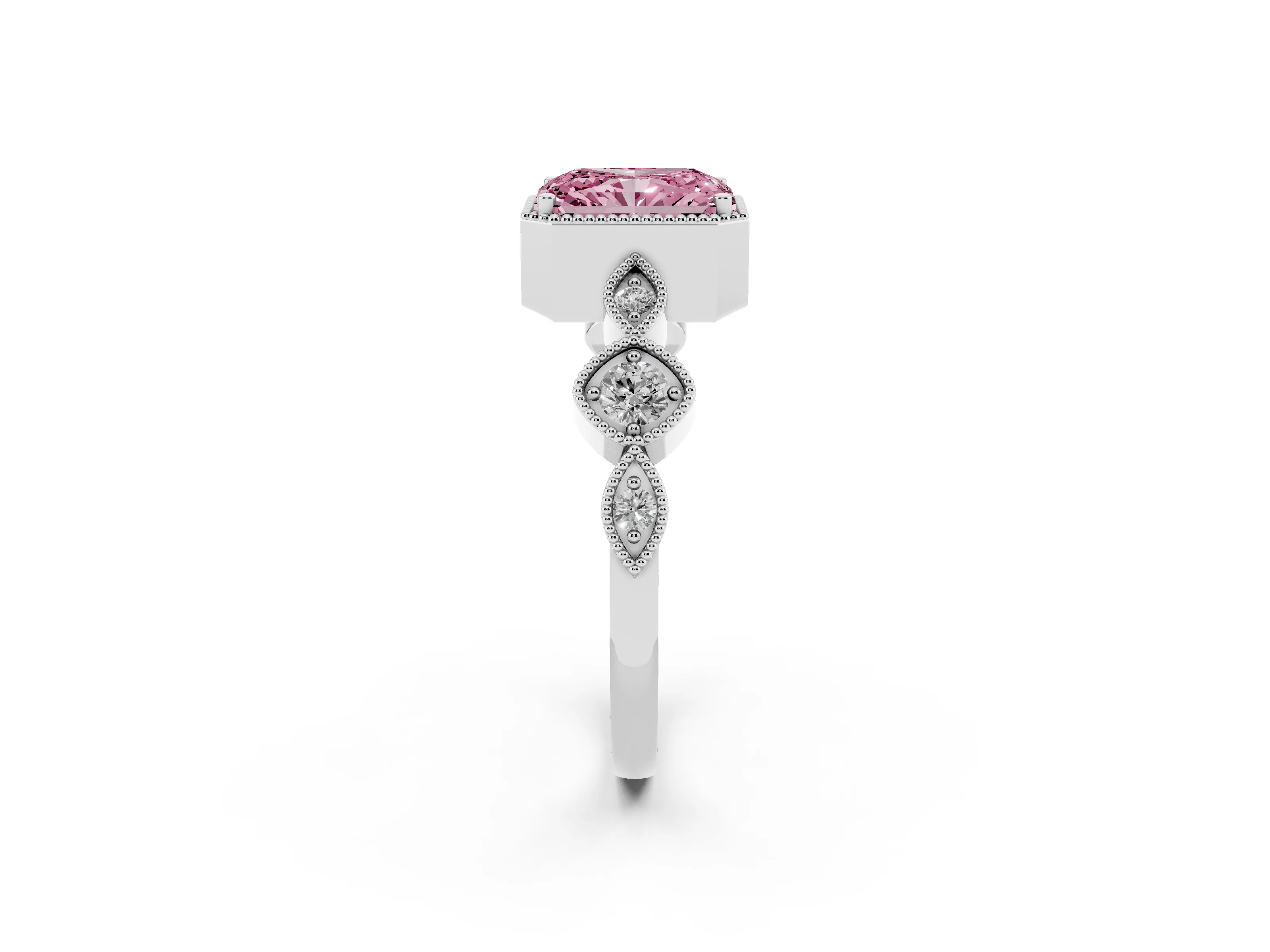 Fancy Pink Radiant Cut Diamond Vintage-Inspired Milgrain Ring Set in Platinum with Marquise Stations of Round Accents